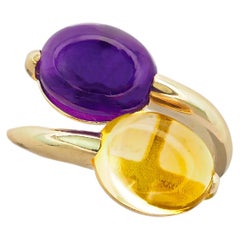 Amethyst and Citrine Cabochon Ring in 14k Gold