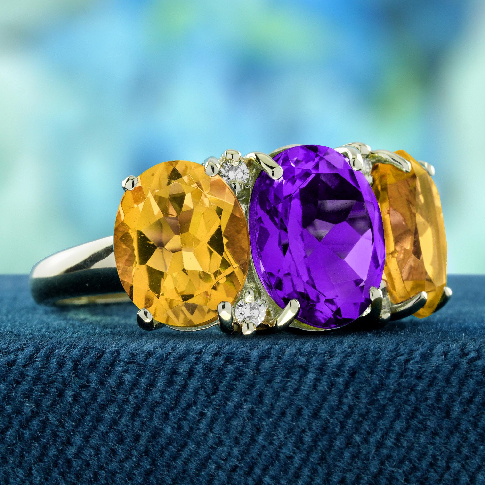 Edoardiano Anello a tre pietre in stile vintage con ametista e diamante citrino in giallo massiccio 9 carati in vendita