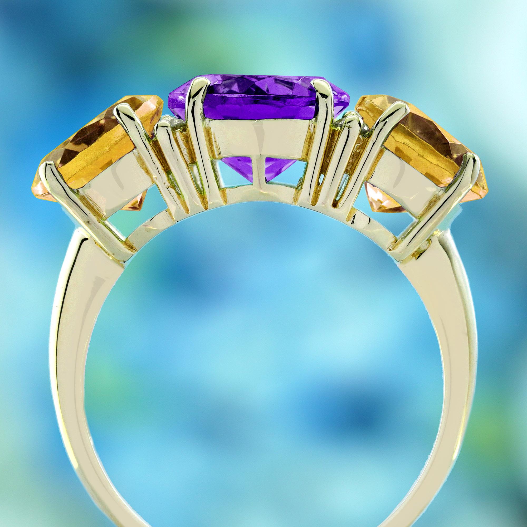 Anello a tre pietre in stile vintage con ametista e diamante citrino in giallo massiccio 9 carati In condizioni Nuovo in vendita a Bangkok, TH