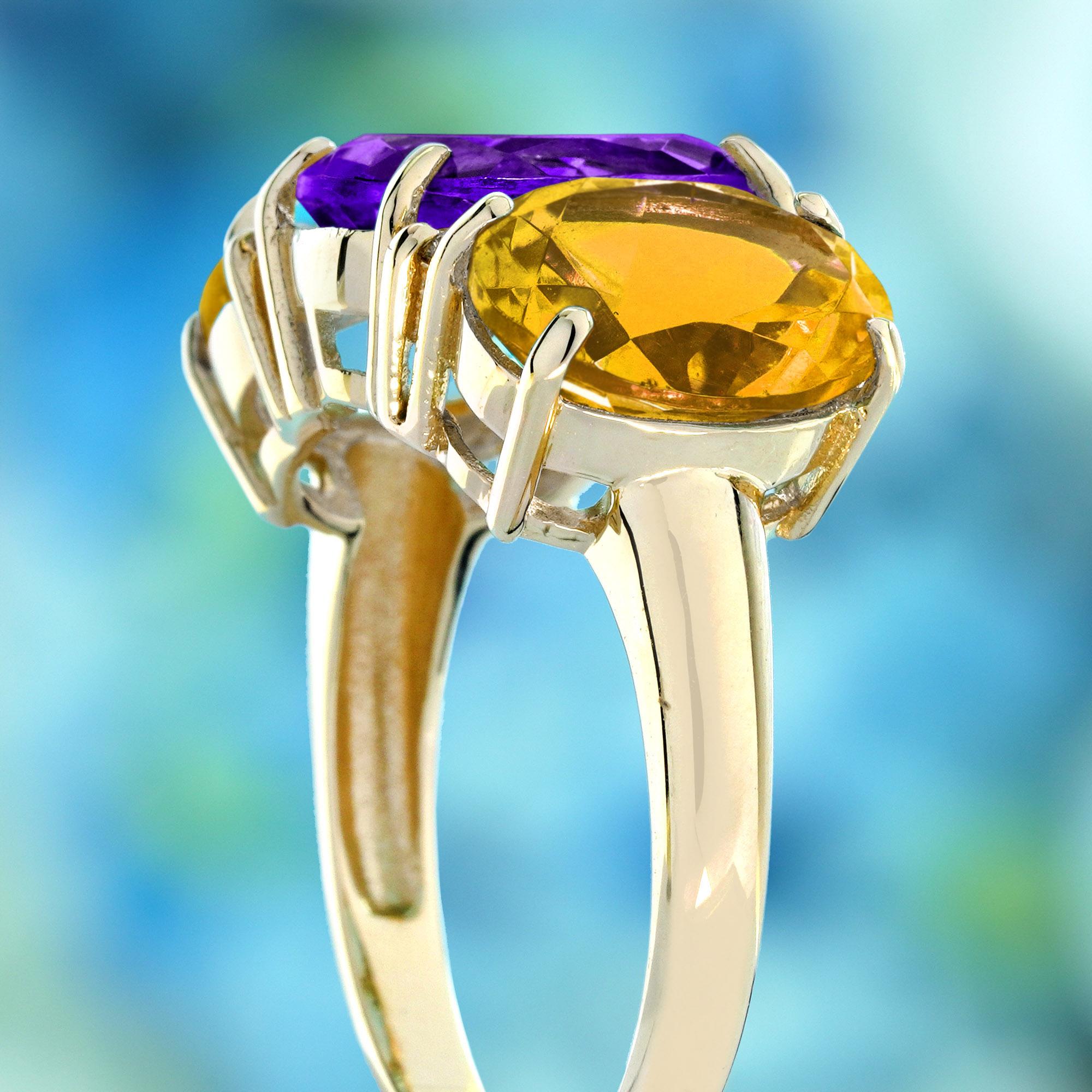 Donna Anello a tre pietre in stile vintage con ametista e diamante citrino in giallo massiccio 9 carati in vendita