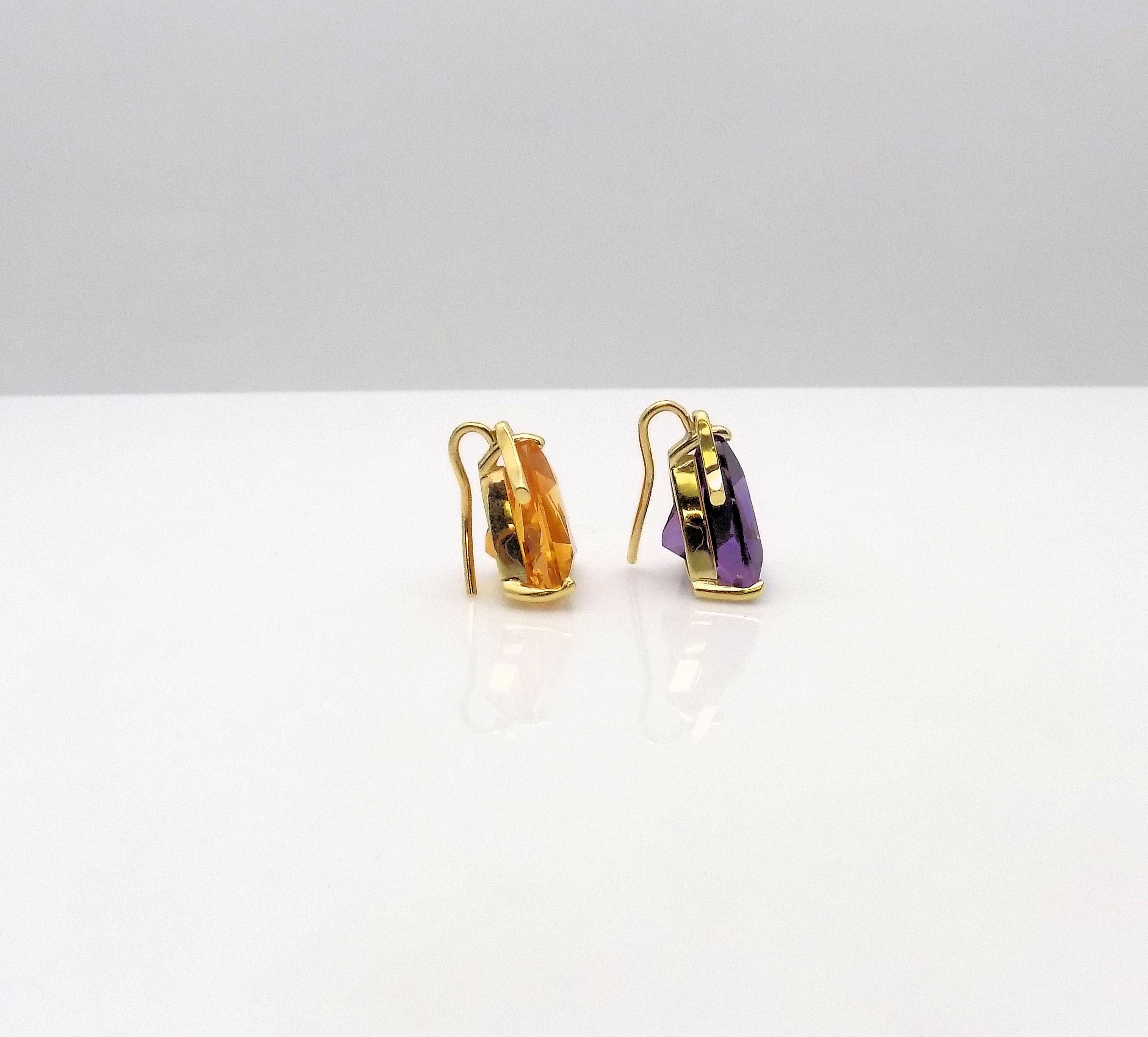 Dramatic Addition to Your Earrings (to be worn with earring tops)...18 Karat Yellow Gold Pair Earring Enhancers/Drops with Shepherd's Hook, Featuring 1 Pear Shape Amethyst; 1 Pear Shape Citrine Weighing 26.00 Carat Total Weight; Chip on Culet of