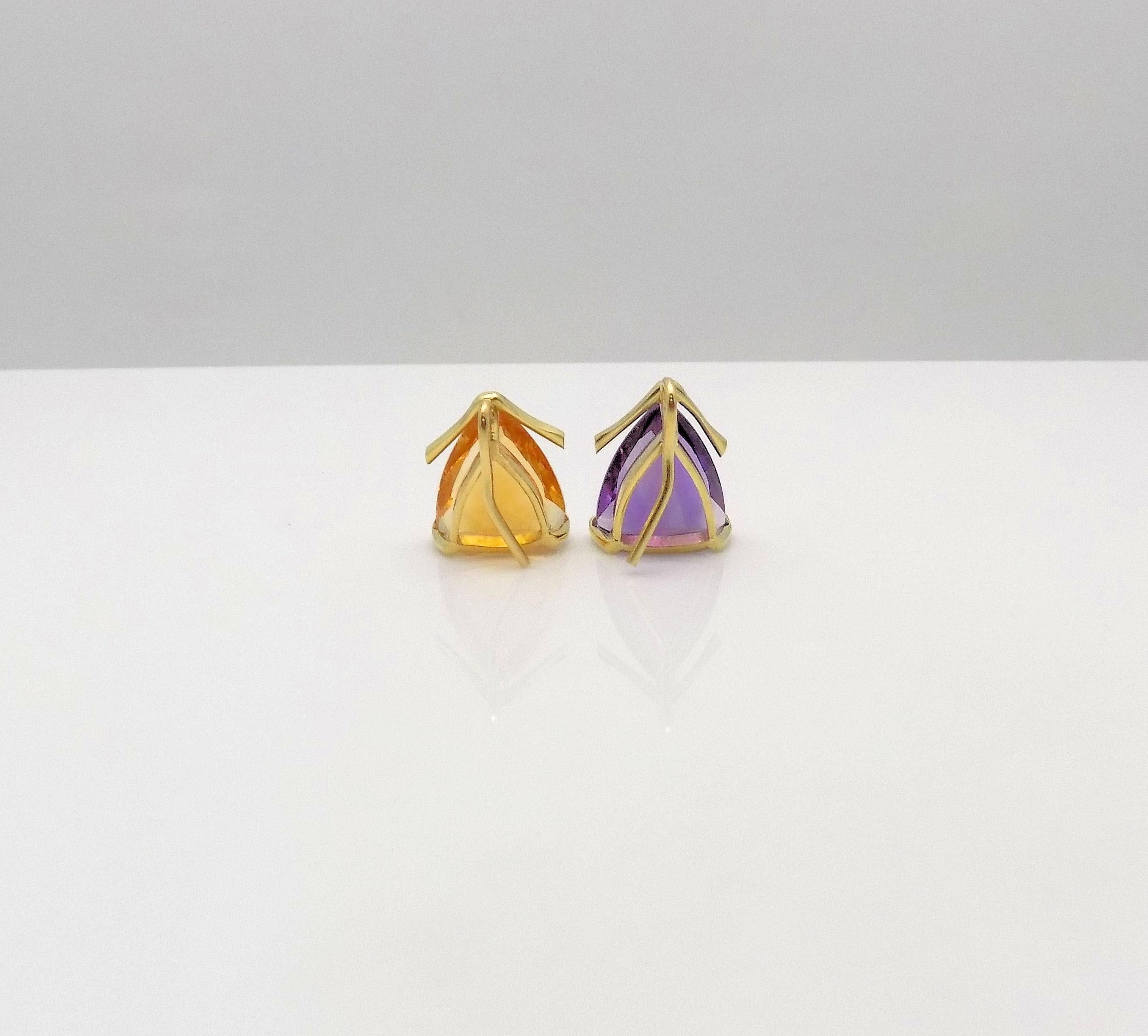 Women's Amethyst and Citrine Earring Pendants/Drops set in 18 Karat Yellow Gold For Sale