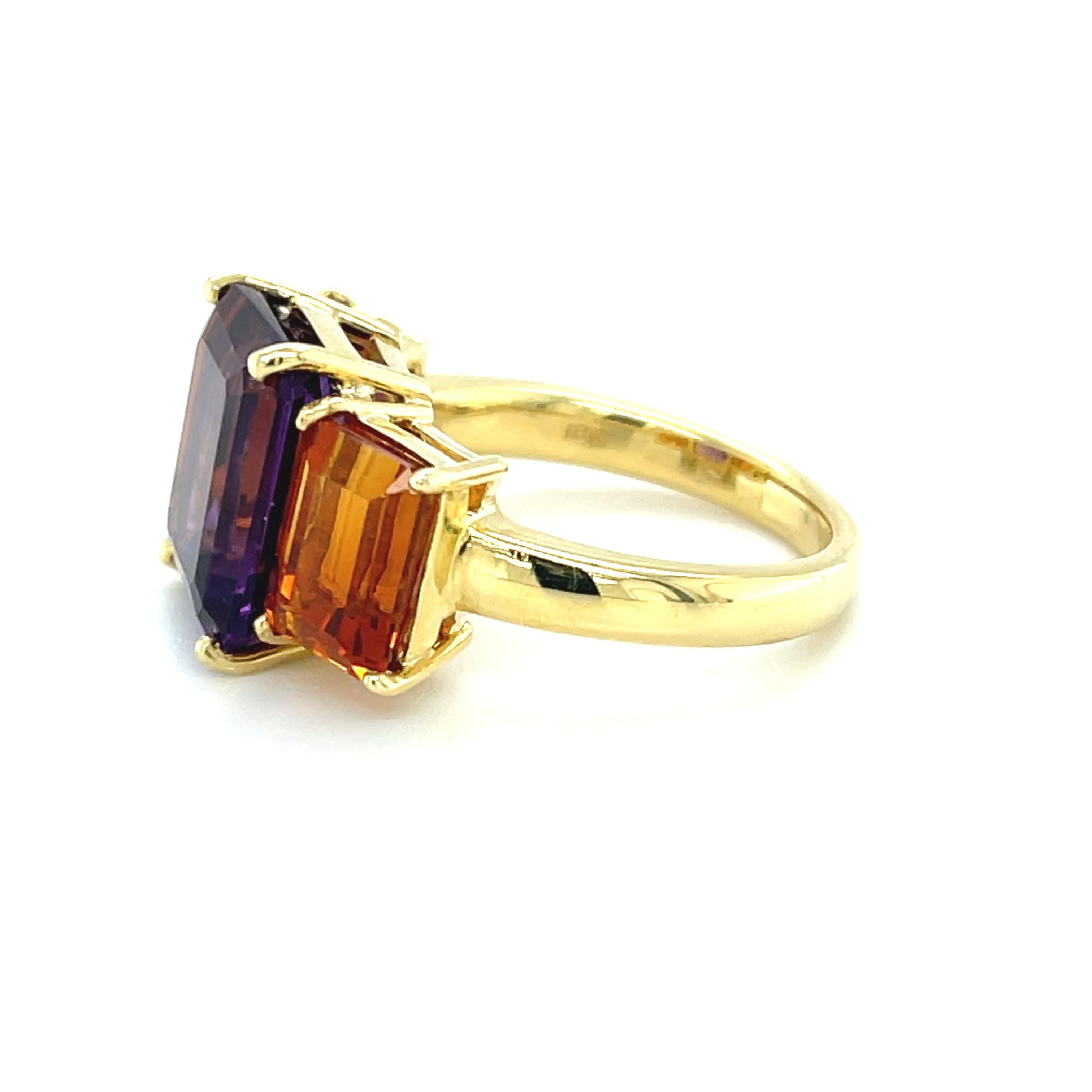 Dreisteiniger Cocktailring aus 18 Karat Gelbgold mit Amethyst und Madeira-Citrin (Kunsthandwerker*in) im Angebot
