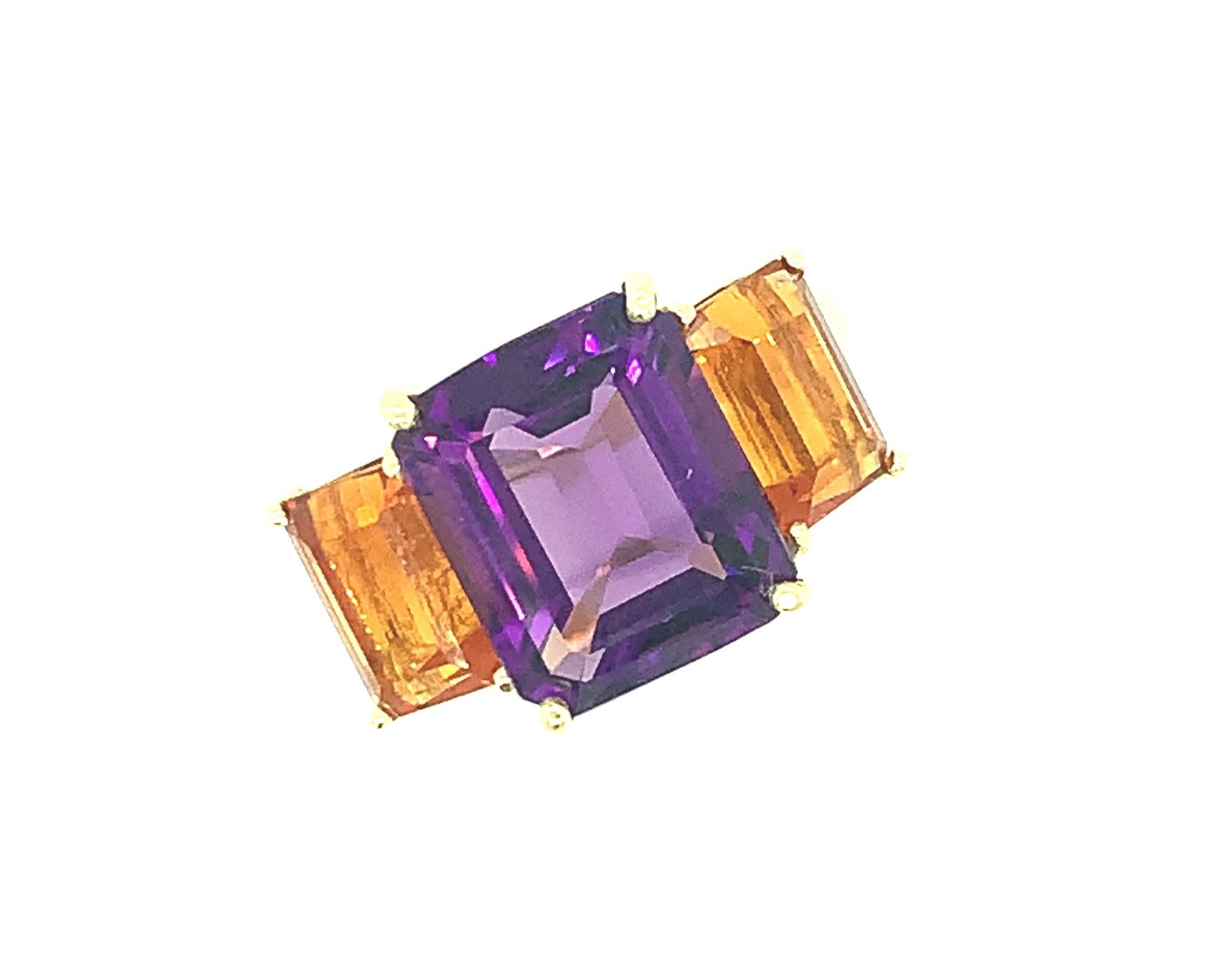 Emerald Cut Amethyst and Madeira Citrine Three-Stone Cocktail Ring in 18k Yellow Gold  For Sale
