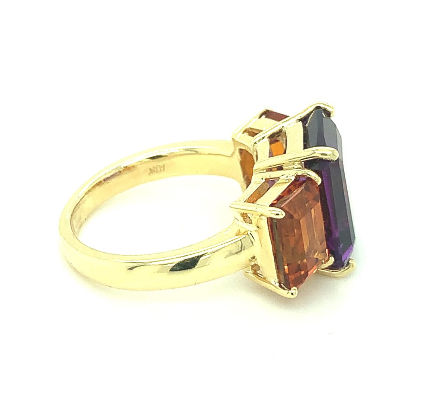 Artisan Amethyst and Madeira Citrine Three-Stone Cocktail Ring in 18k Yellow Gold  For Sale