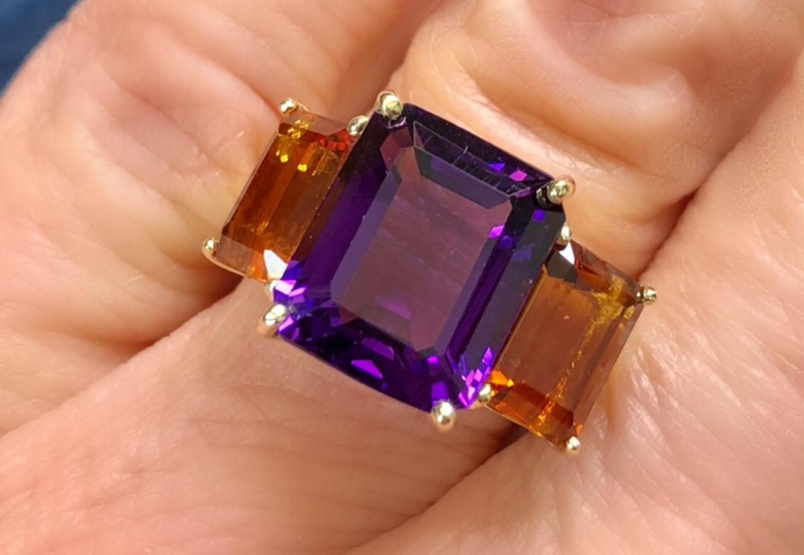 Women's or Men's Amethyst and Madeira Citrine Three-Stone Cocktail Ring in 18k Yellow Gold  For Sale