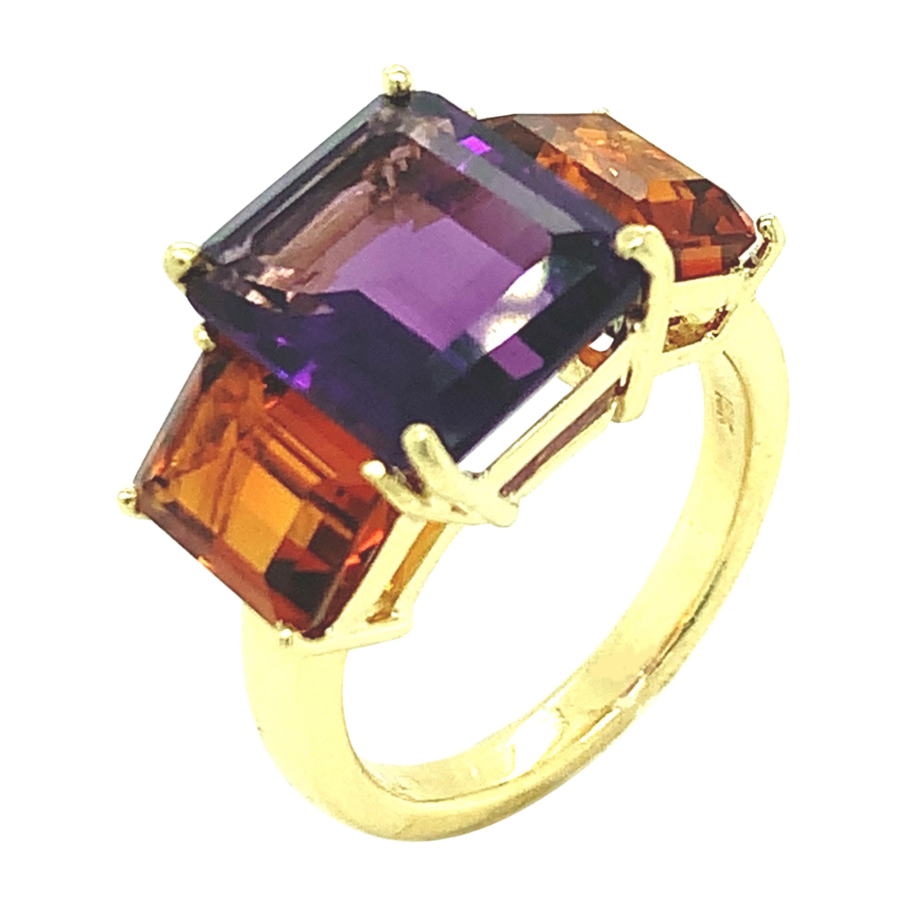 Amethyst and Madeira Citrine Three-Stone Cocktail Ring in 18k Yellow Gold  For Sale