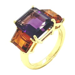 Bague cocktail à trois pierres en or jaune 18 carats avec améthyste de Madère et citrine 