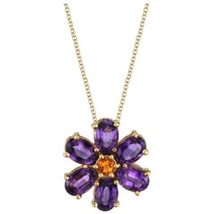 Amethyst and Citrine Floral Pendant, 14 Karat Yellow Gold