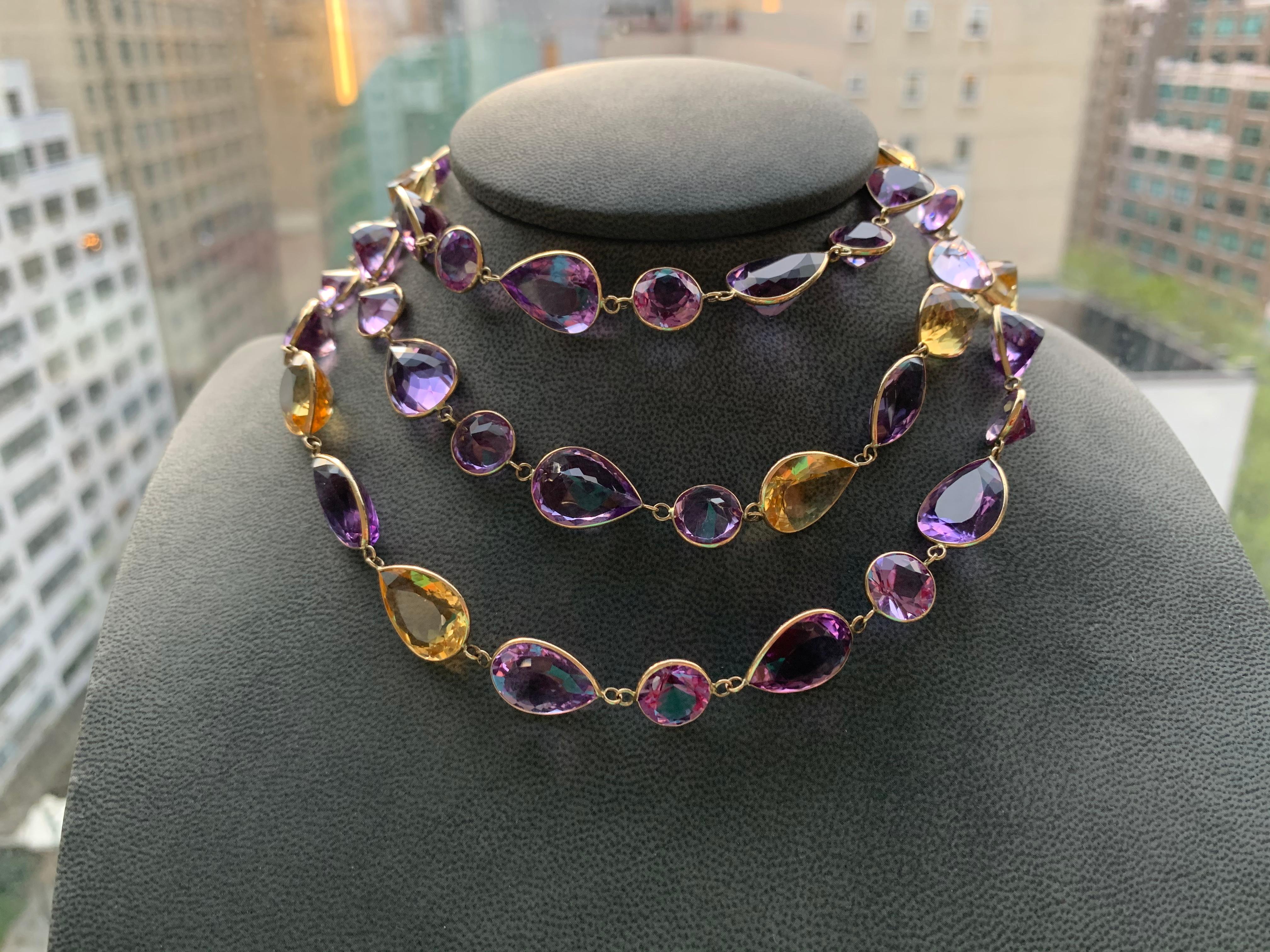 Amethyst and Citrine Long Chain In New Condition For Sale In New York, NY