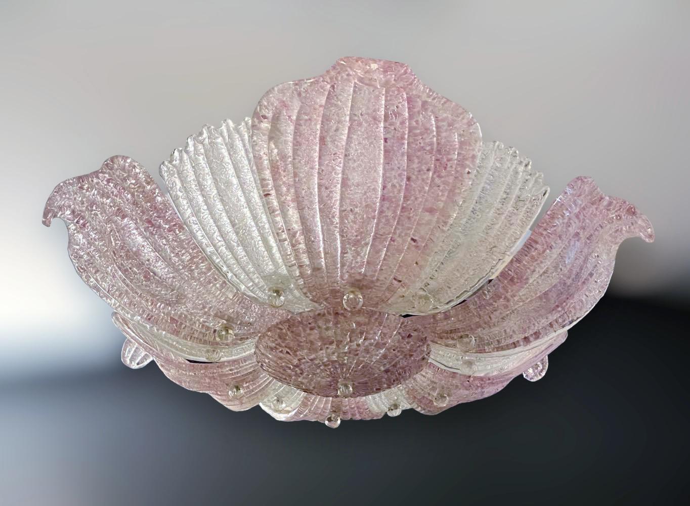 Vintage Italian Murano glass flush mount with clear and amethyst graniglia glass leaves on white metal frame / Made in Italy in the style of Barovier e Toso, circa 1960s
4 lights / E26 or E27 type / max 60W each
Measures: Diameter 29 inches, height