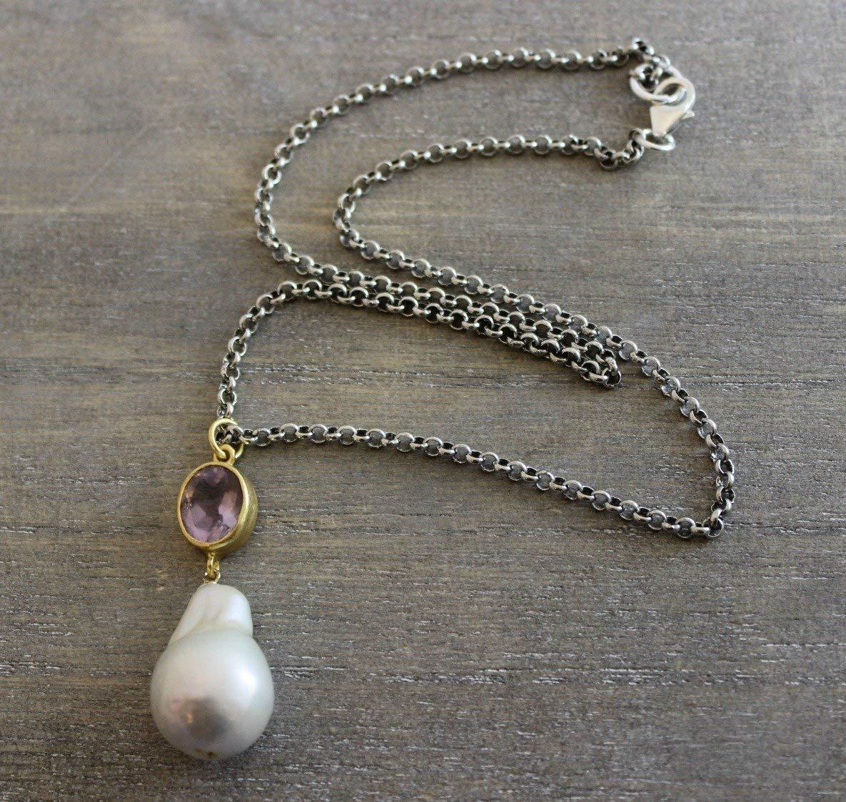 Artisan Amethyst and Cultured Freshwater Baroque Pearl Sterling Silver Necklace For Sale