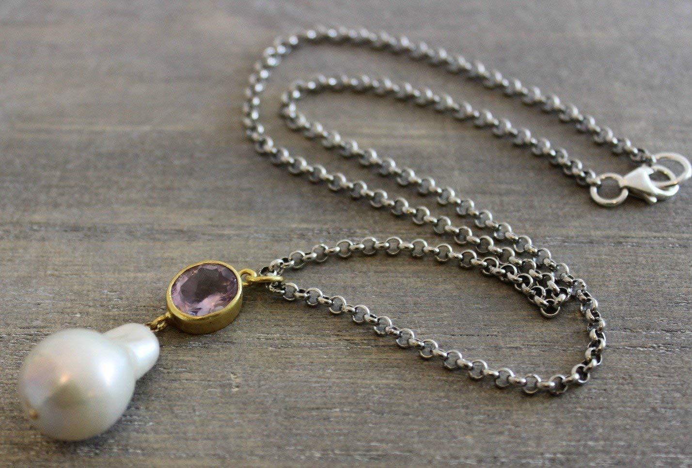 Mixed Cut Amethyst and Cultured Freshwater Baroque Pearl Sterling Silver Necklace For Sale