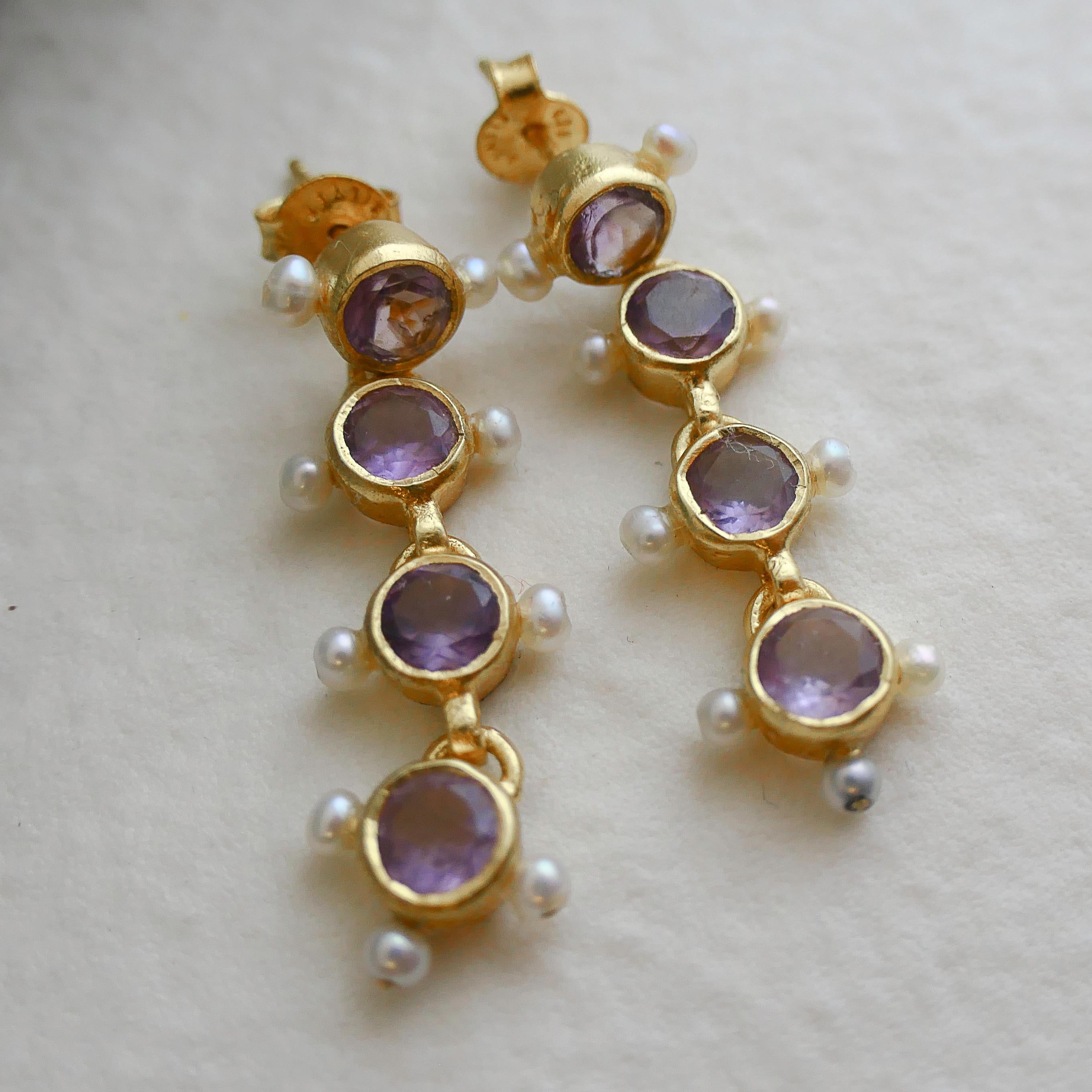 Mixed Cut Amethyst and Cultured Pearl Gold Plated Sterling Silver Post Drop Earrings For Sale