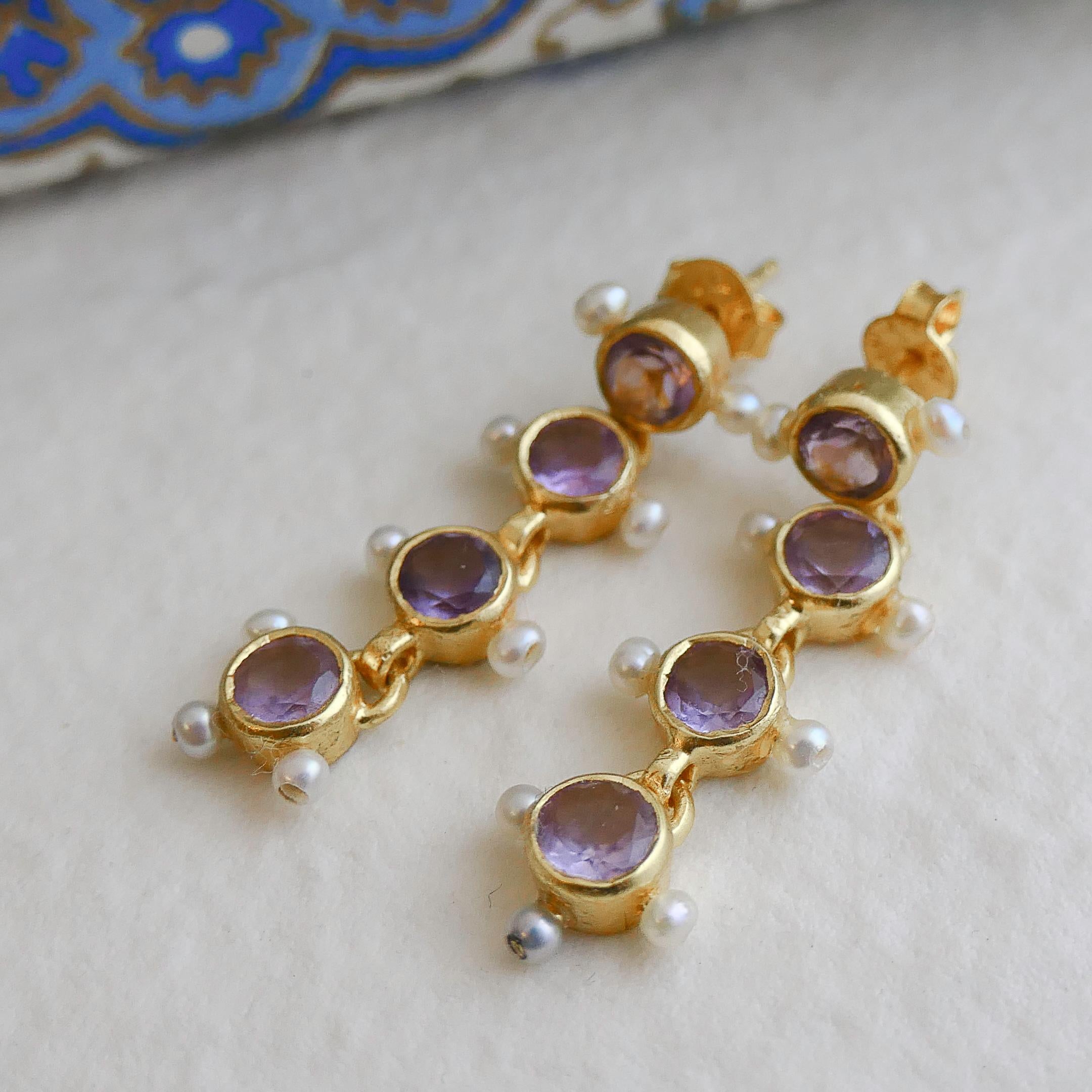 Amethyst and Cultured Pearl Gold Plated Sterling Silver Post Drop Earrings In New Condition For Sale In Oslo, 03