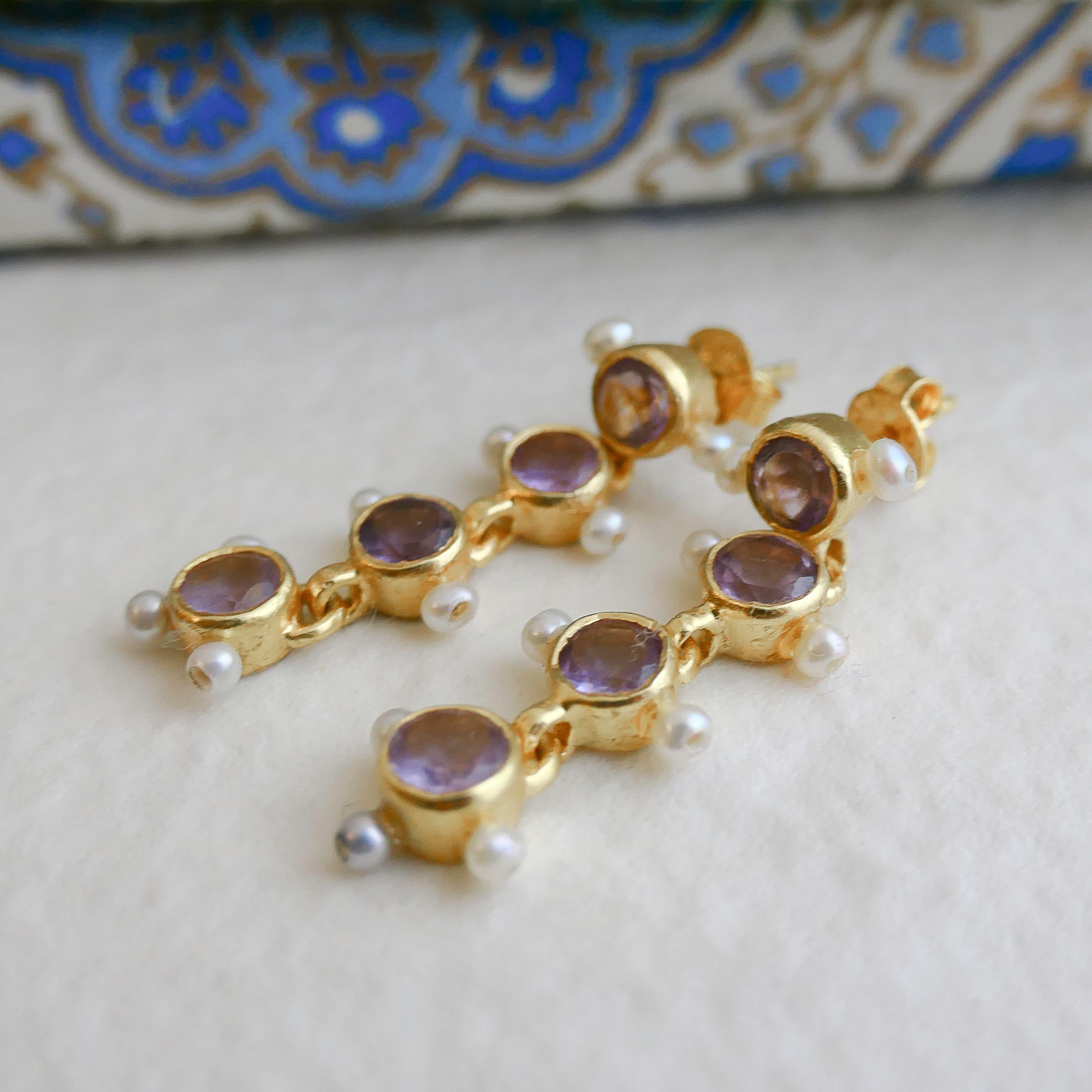Women's Amethyst and Cultured Pearl Gold Plated Sterling Silver Post Drop Earrings For Sale