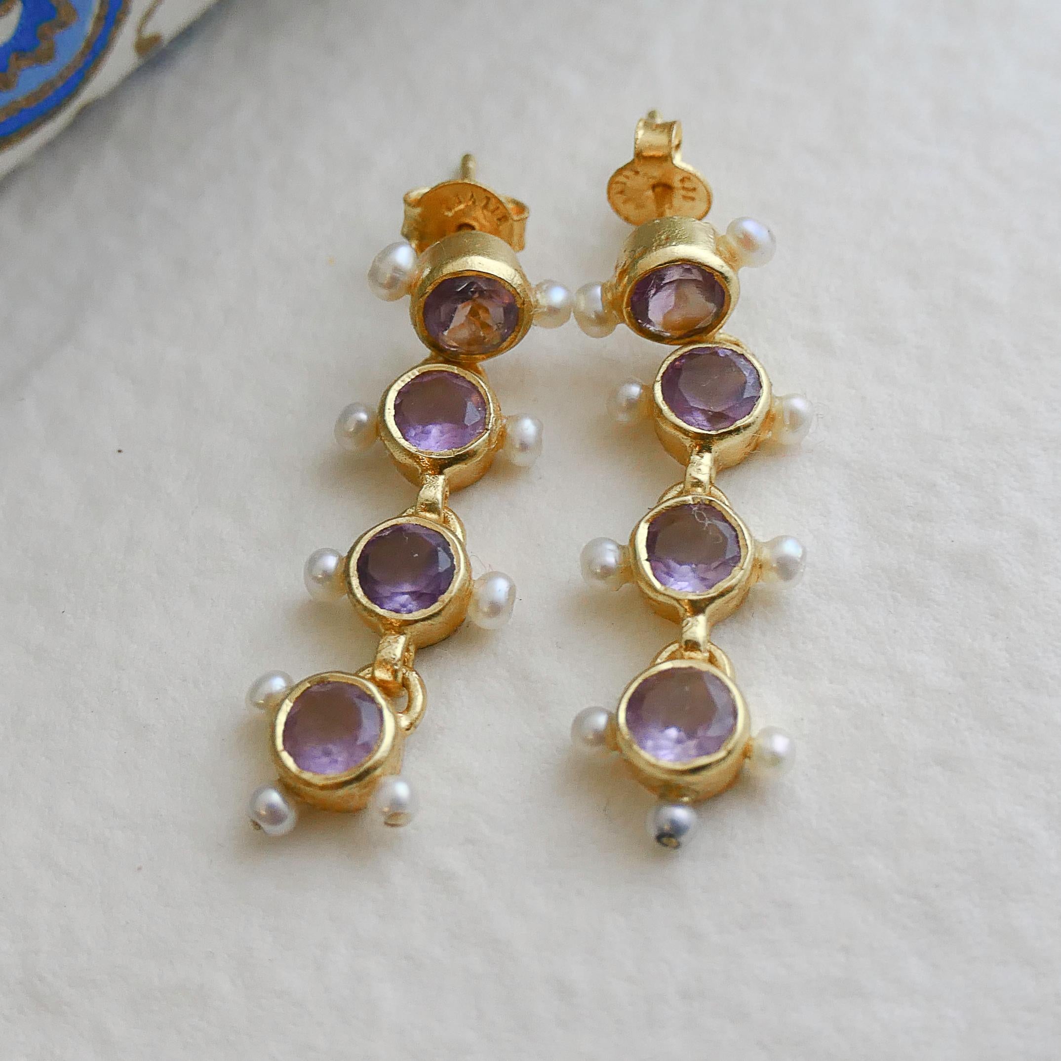 Amethyst and Cultured Pearl Gold Plated Sterling Silver Post Drop Earrings For Sale 1