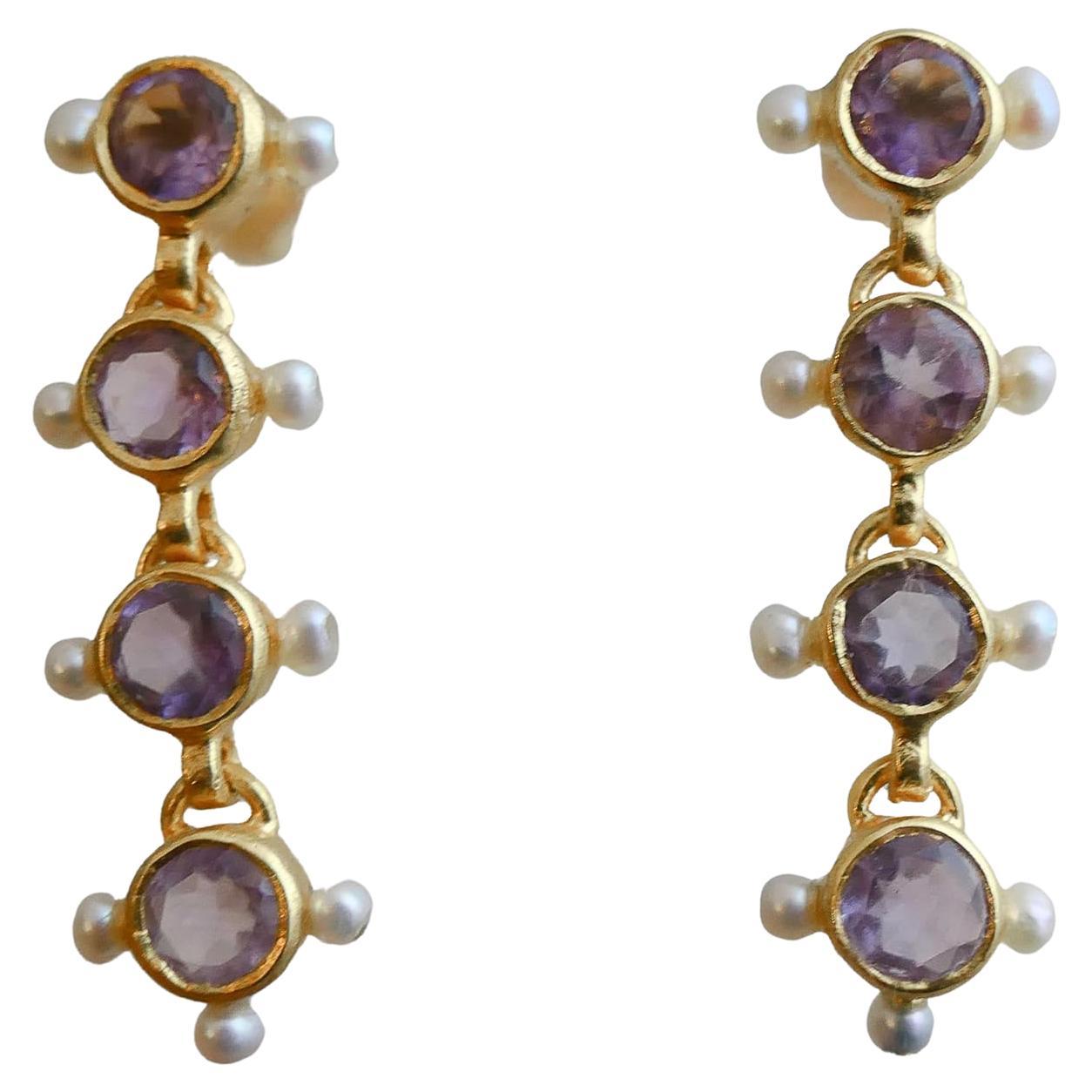 Post-Tropfen-Ohrringe aus vergoldetem Sterlingsilber mit Amethyst und Zuchtperlen