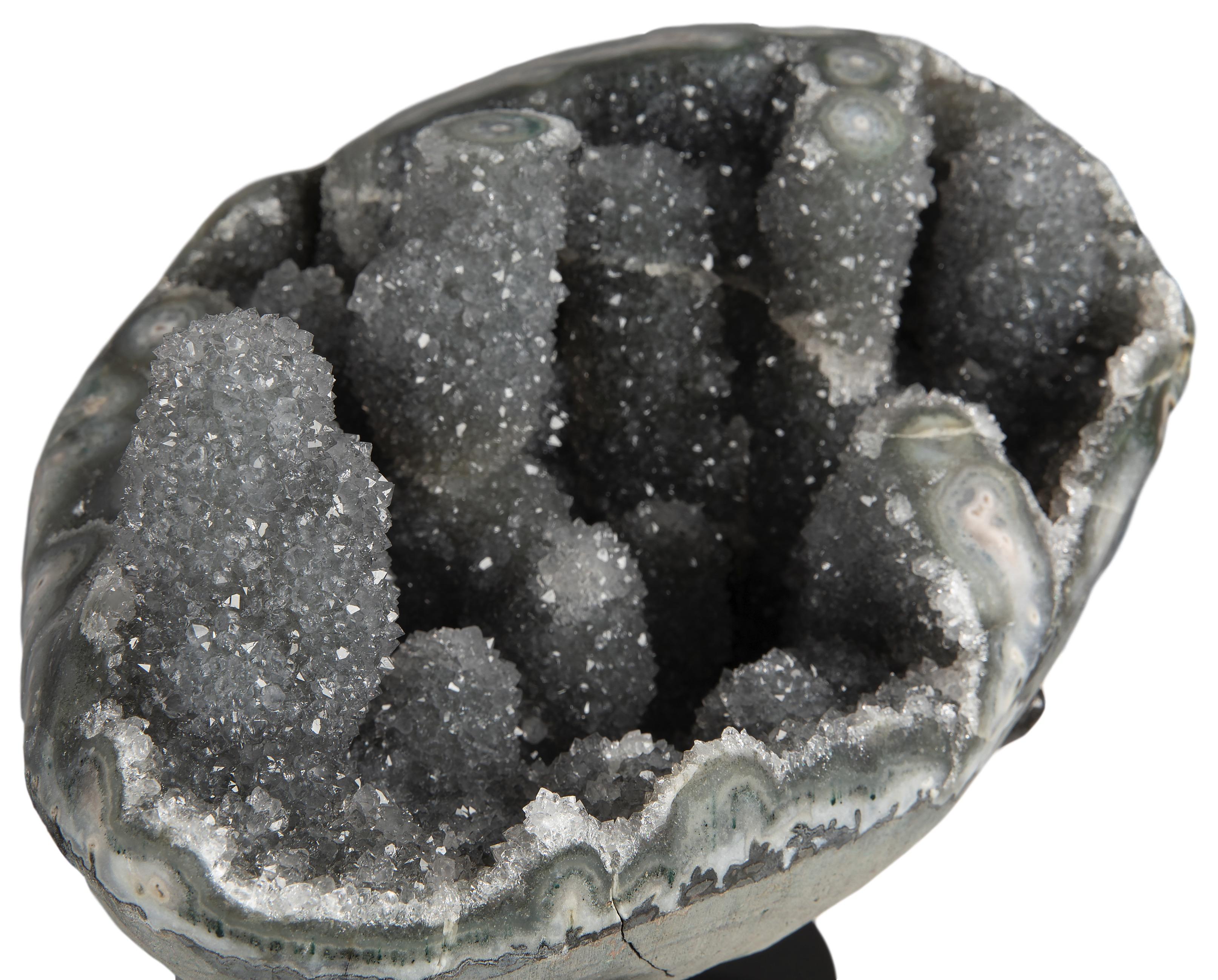 18th Century and Earlier Bowl Shaped Blue Grey Druzy Quartz Stalactite Geode For Sale