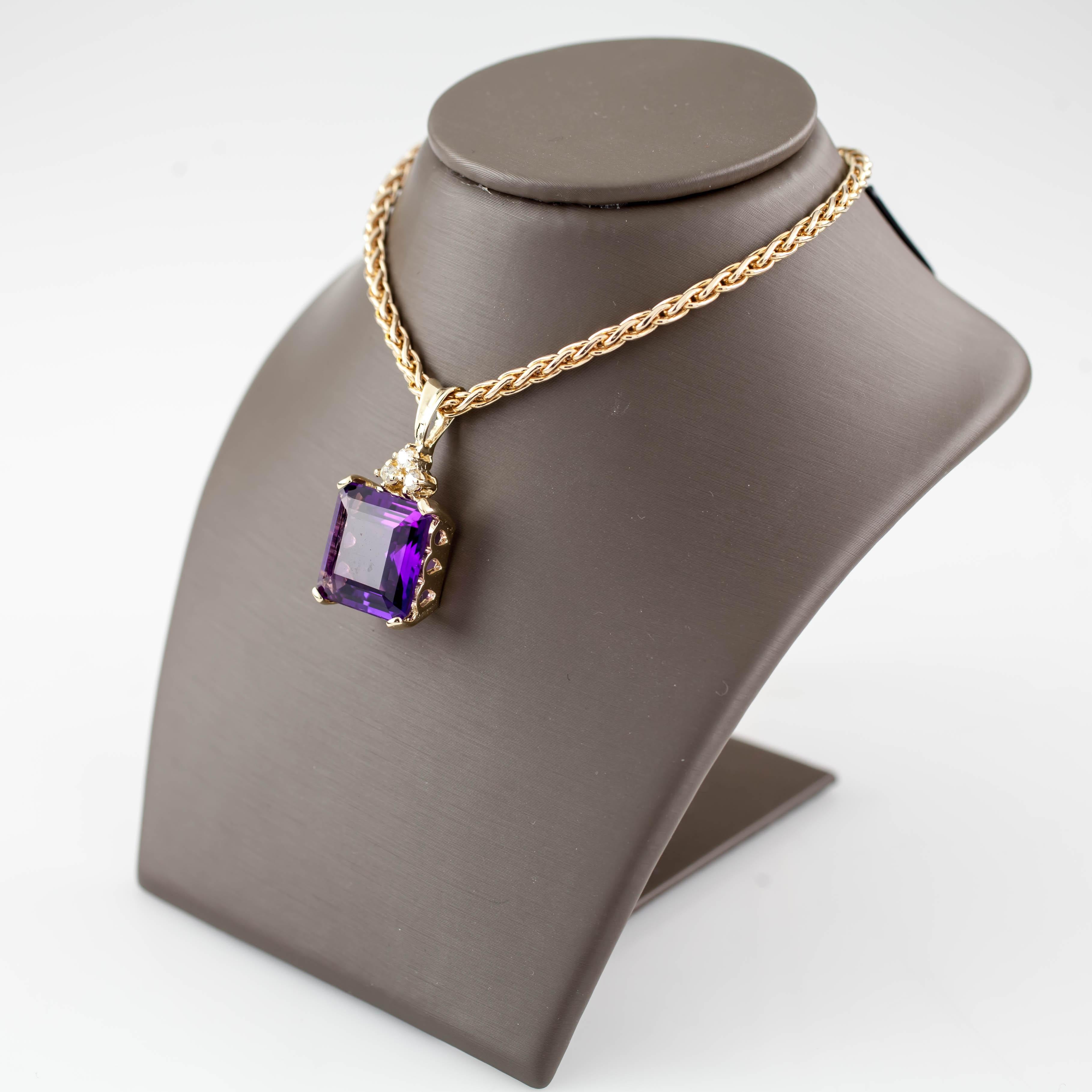 Gorgeous Prong-Set Amethyst Pendant
Features >10 carat Amethyst w/ Round Diamond Accents
TDW = 0.15 ct
Total Length of Pendant = 30 mm
Total Width of Pendant = 15 mm
Total Length of Wheat Chain = 16
