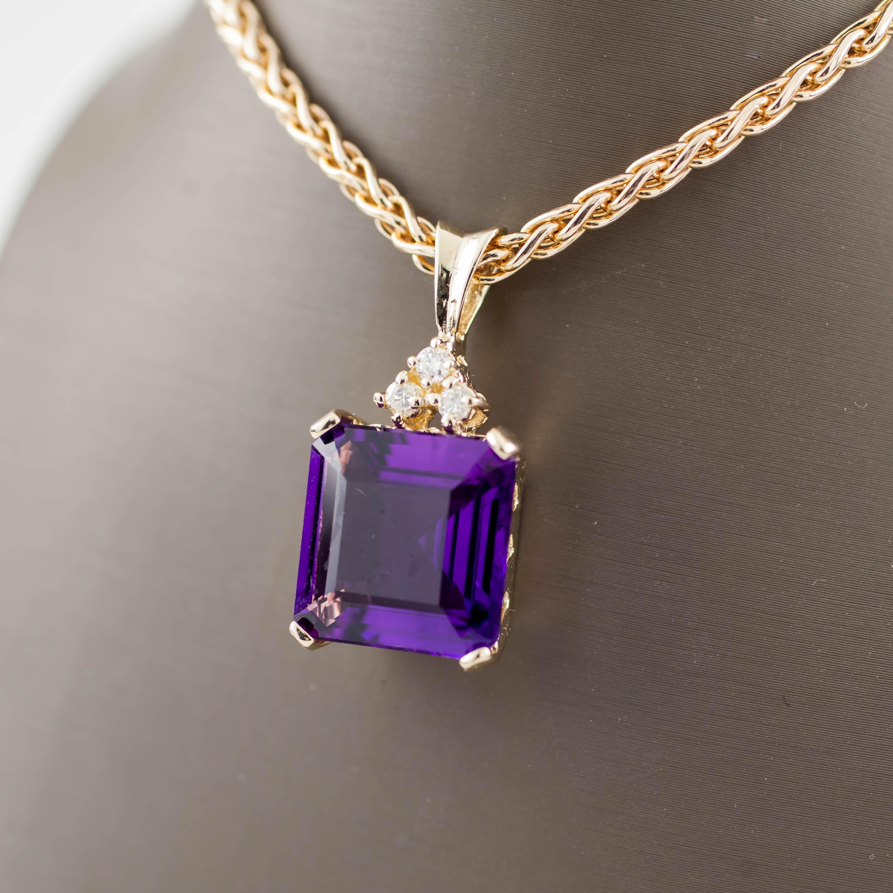 Emerald Cut Amethyst and Diamond 14 Karat Gold Pendant Wheat Chain Necklace