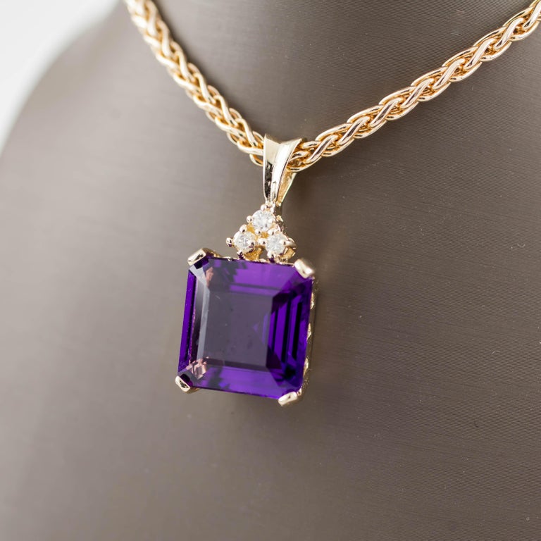 Amethyst and Diamond 14 Karat Gold Pendant Wheat Chain Necklace at 1stDibs