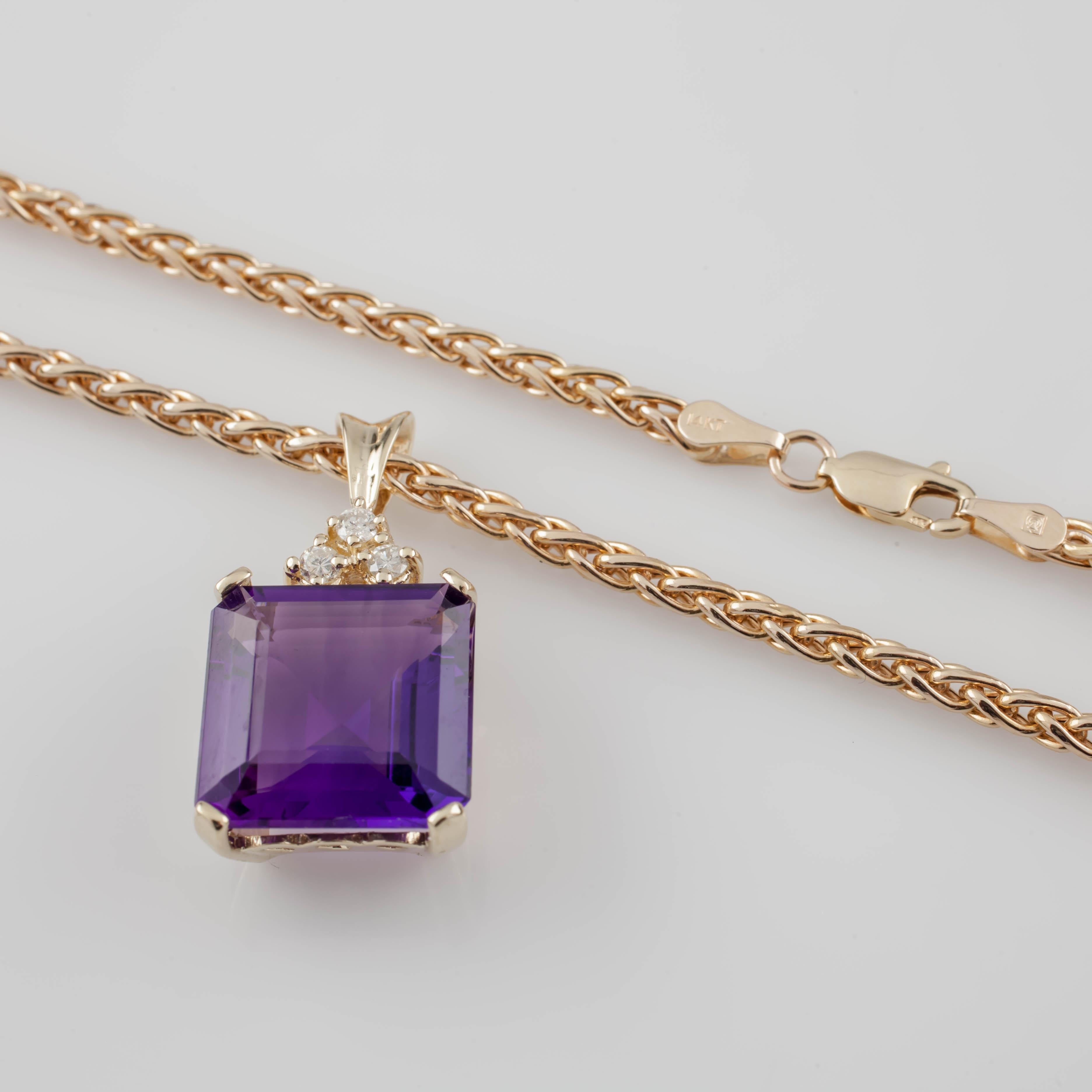 Women's Amethyst and Diamond 14 Karat Gold Pendant Wheat Chain Necklace