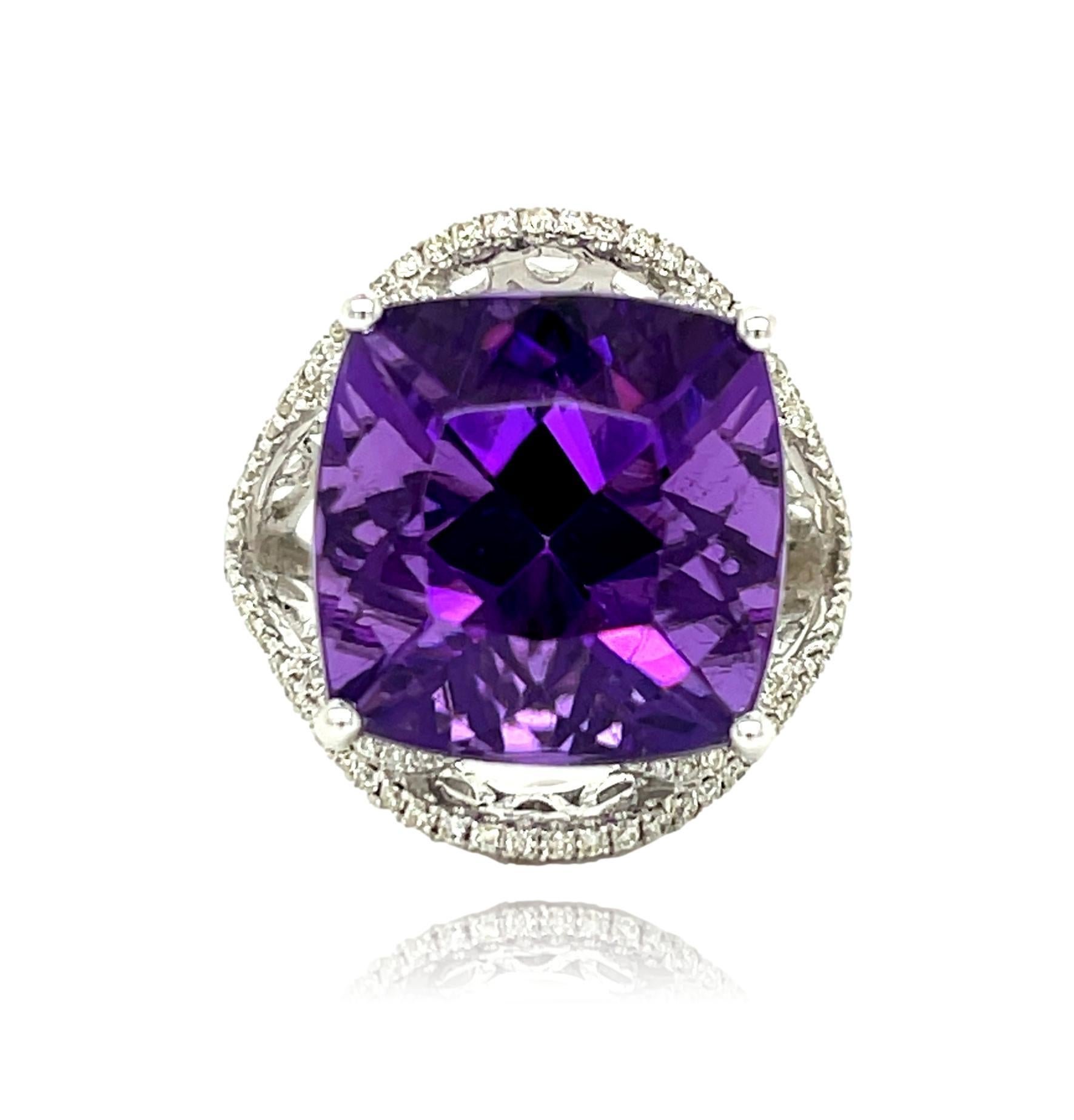 Cushion Cut Amethyst and Diamond 14KW Gold Statement Ring For Sale