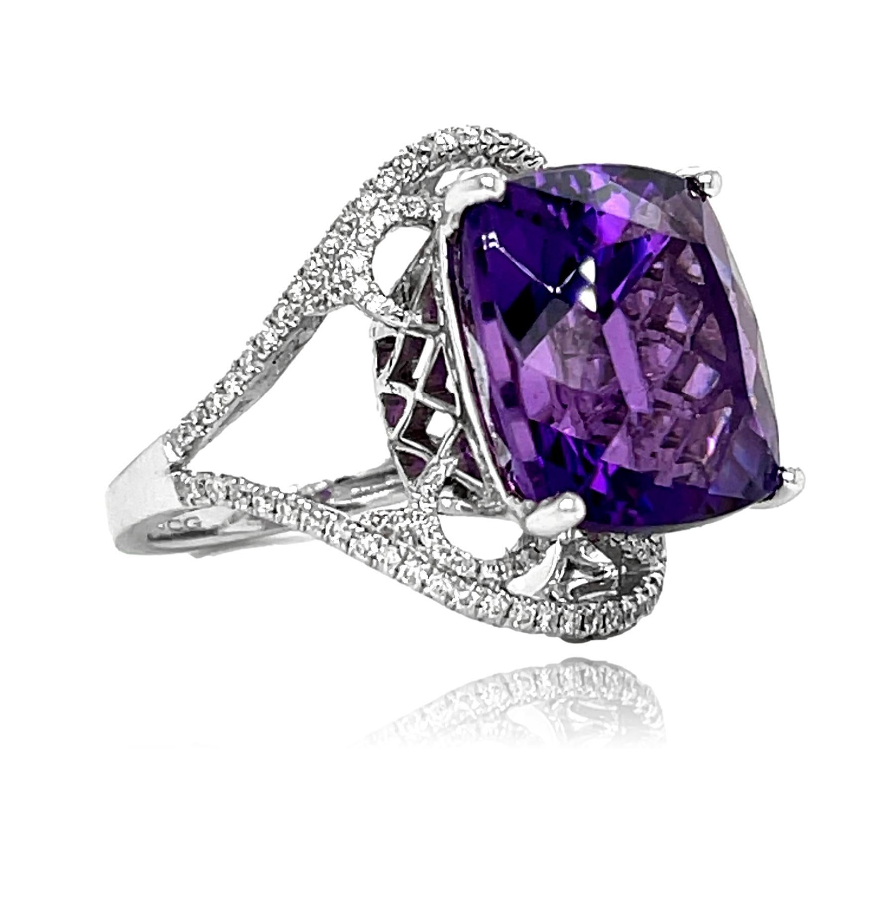 Women's Amethyst and Diamond 14KW Gold Statement Ring For Sale