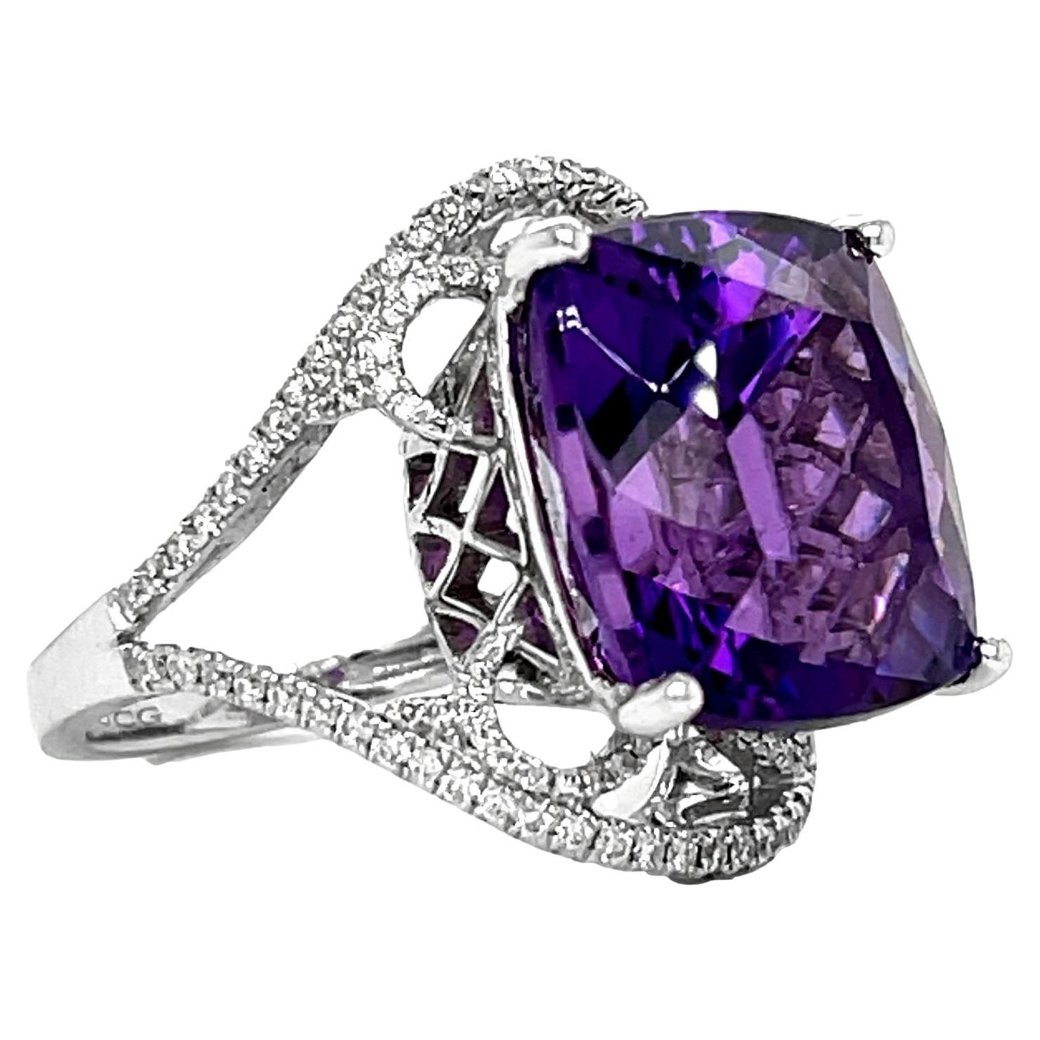 Amethyst and Diamond 14KW Gold Statement Ring For Sale