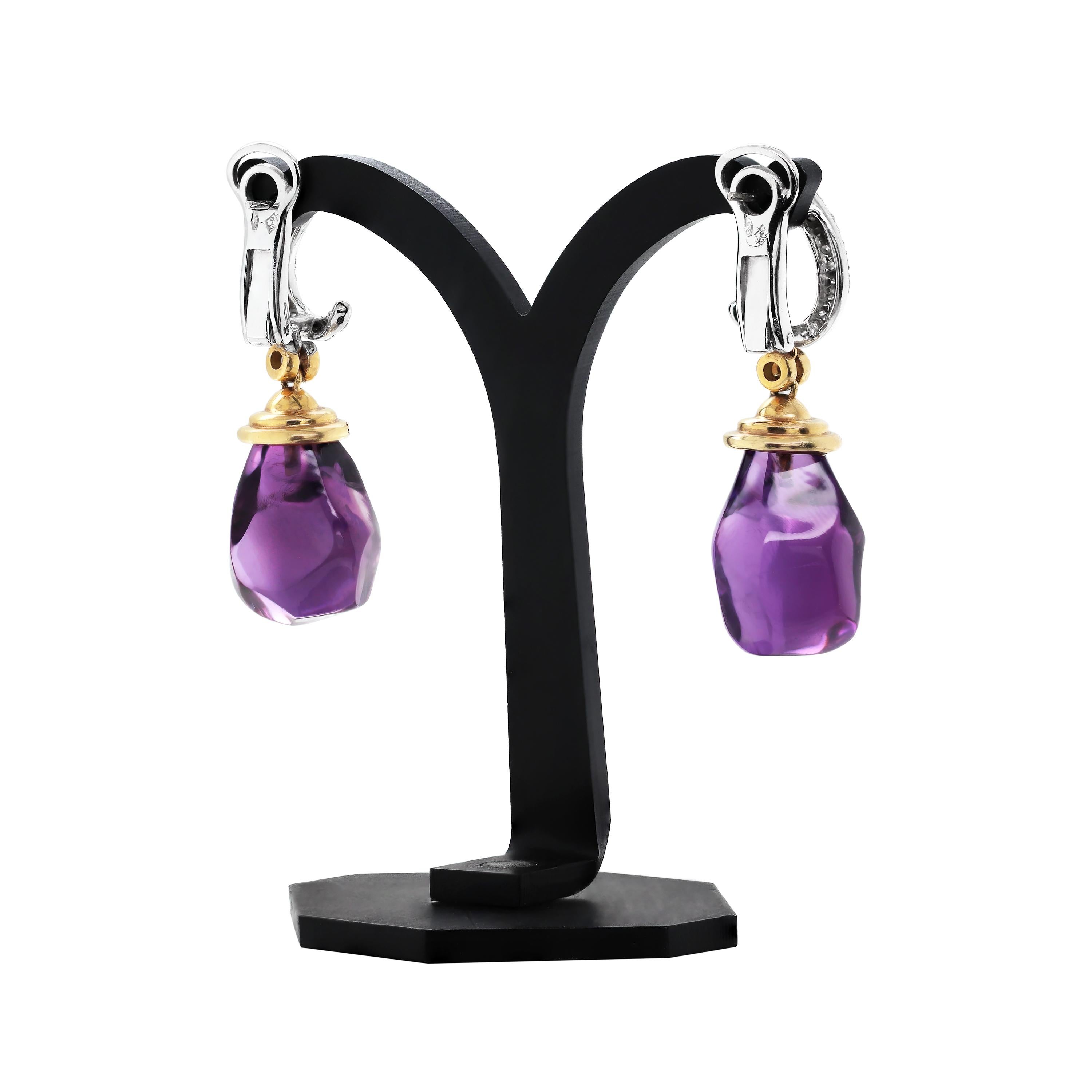 Modern Amethyst and Diamond 18 Carat White and Yellow Gold Drop Earrings For Sale