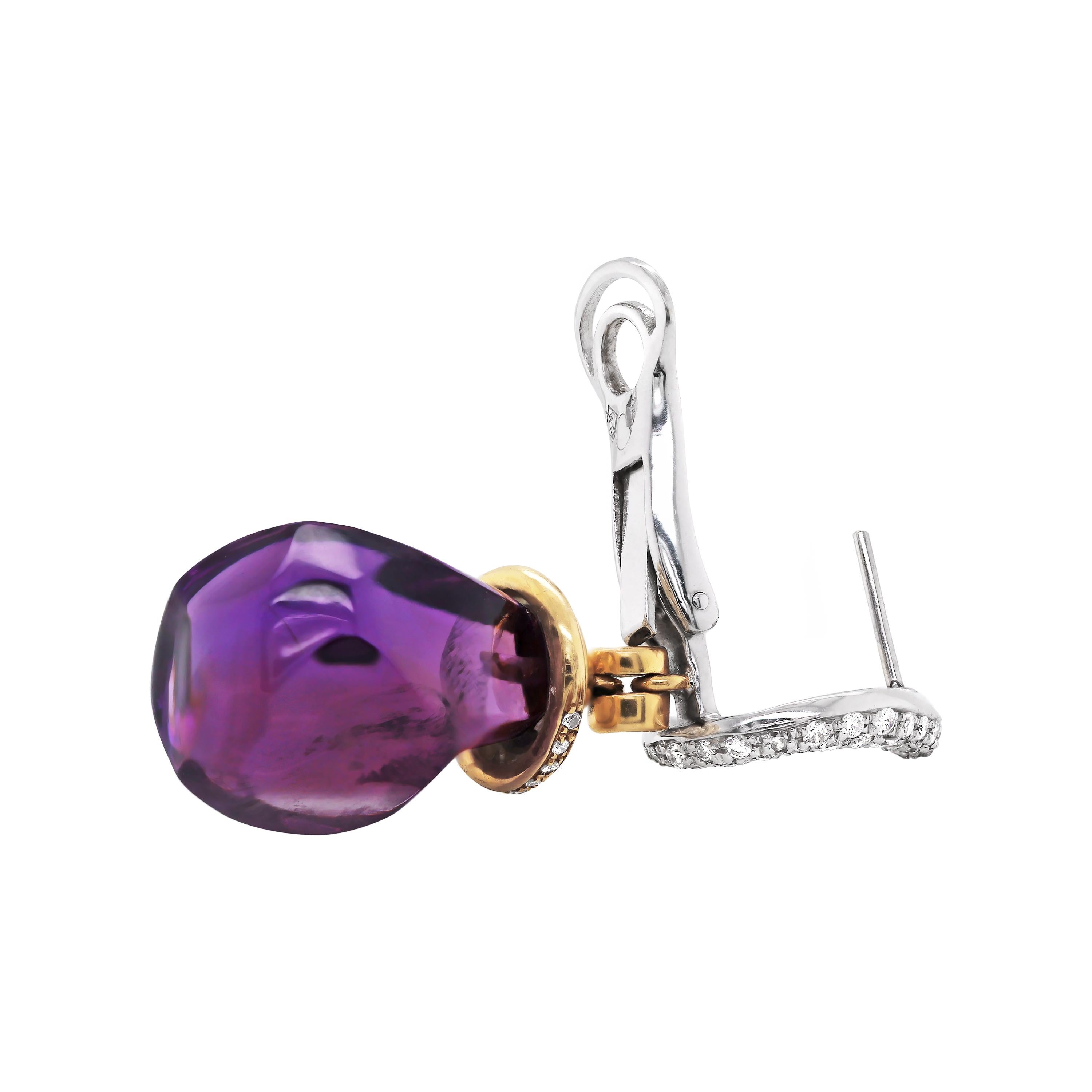 Brilliant Cut Amethyst and Diamond 18 Carat White and Yellow Gold Drop Earrings For Sale