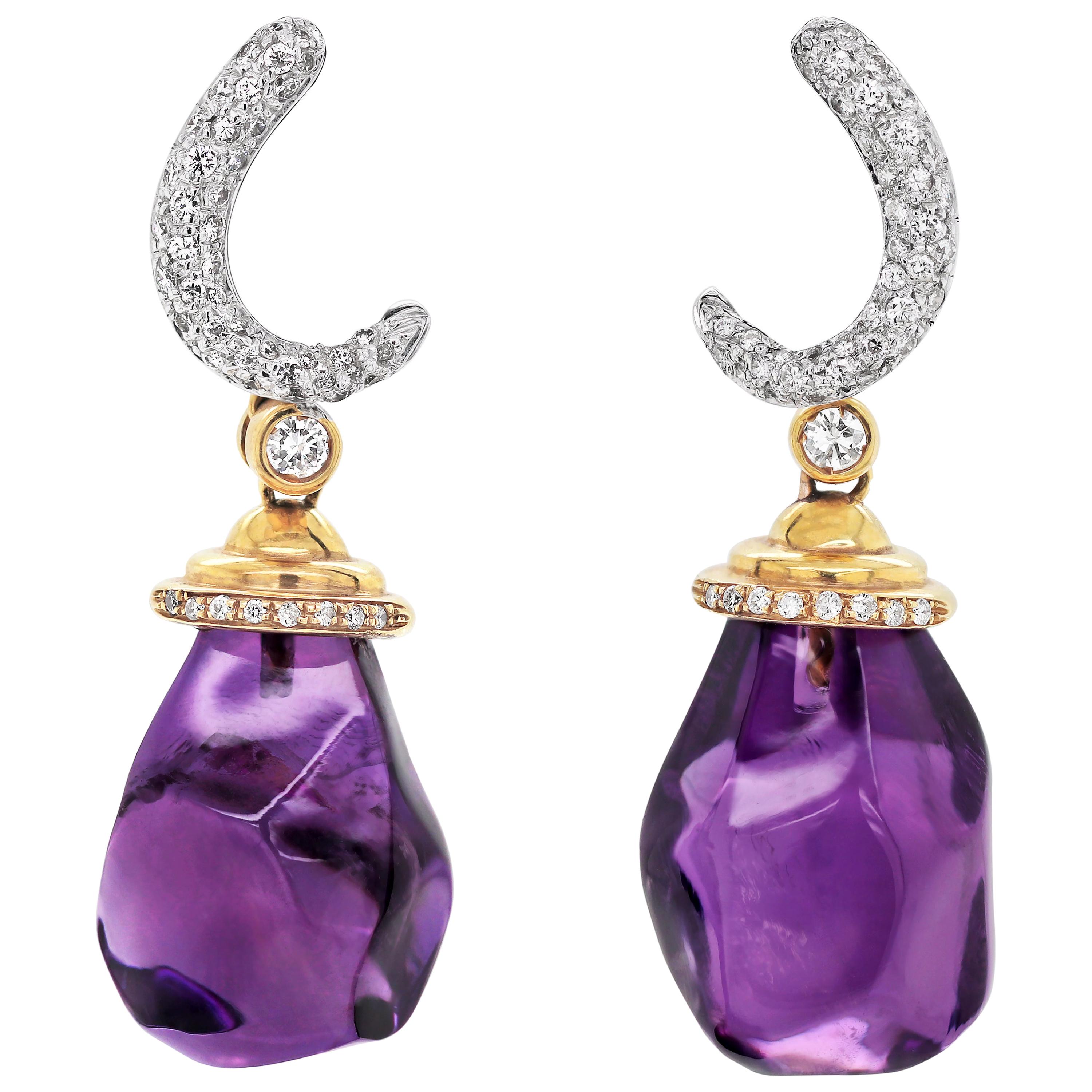 Amethyst and Diamond 18 Carat White and Yellow Gold Drop Earrings For Sale