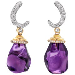 Boucles d'oreilles en goutte en or blanc et jaune 18 carats avec améthyste et diamant