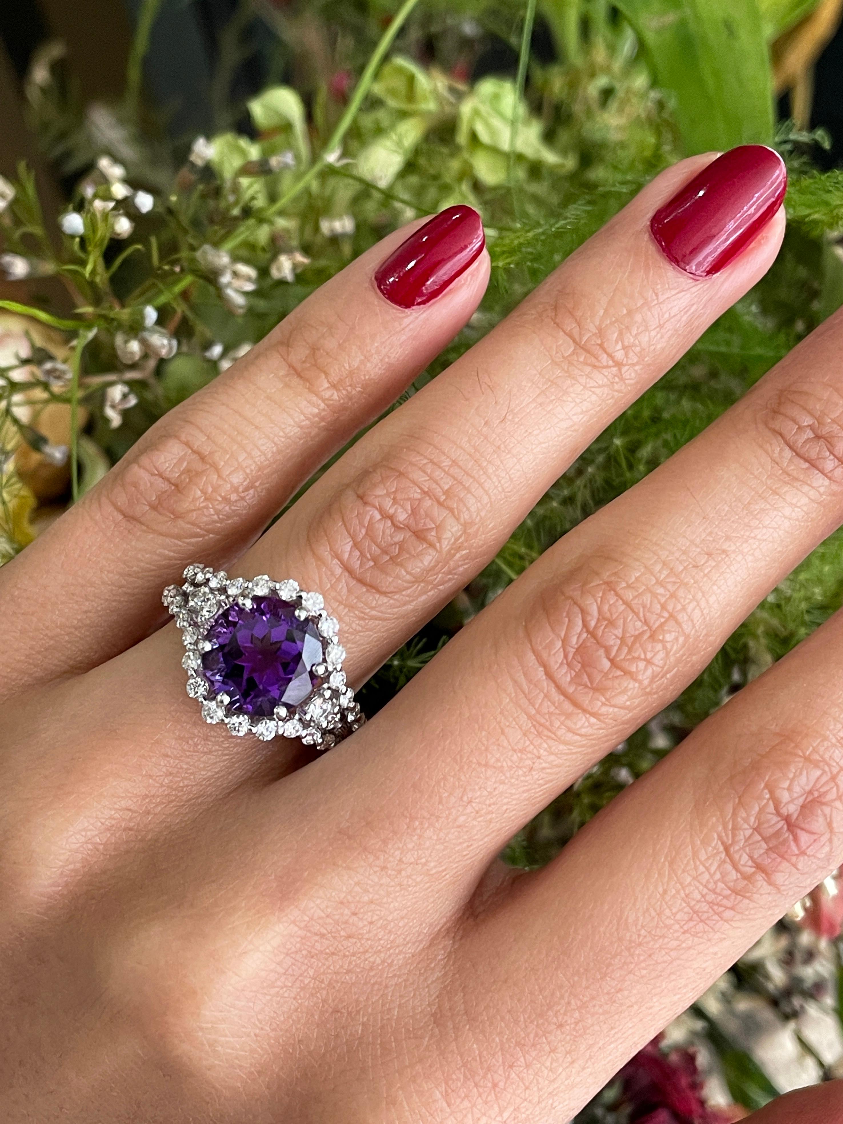 Round Cut Amethyst and Diamond 18 Carat White Gold Cluster Ring