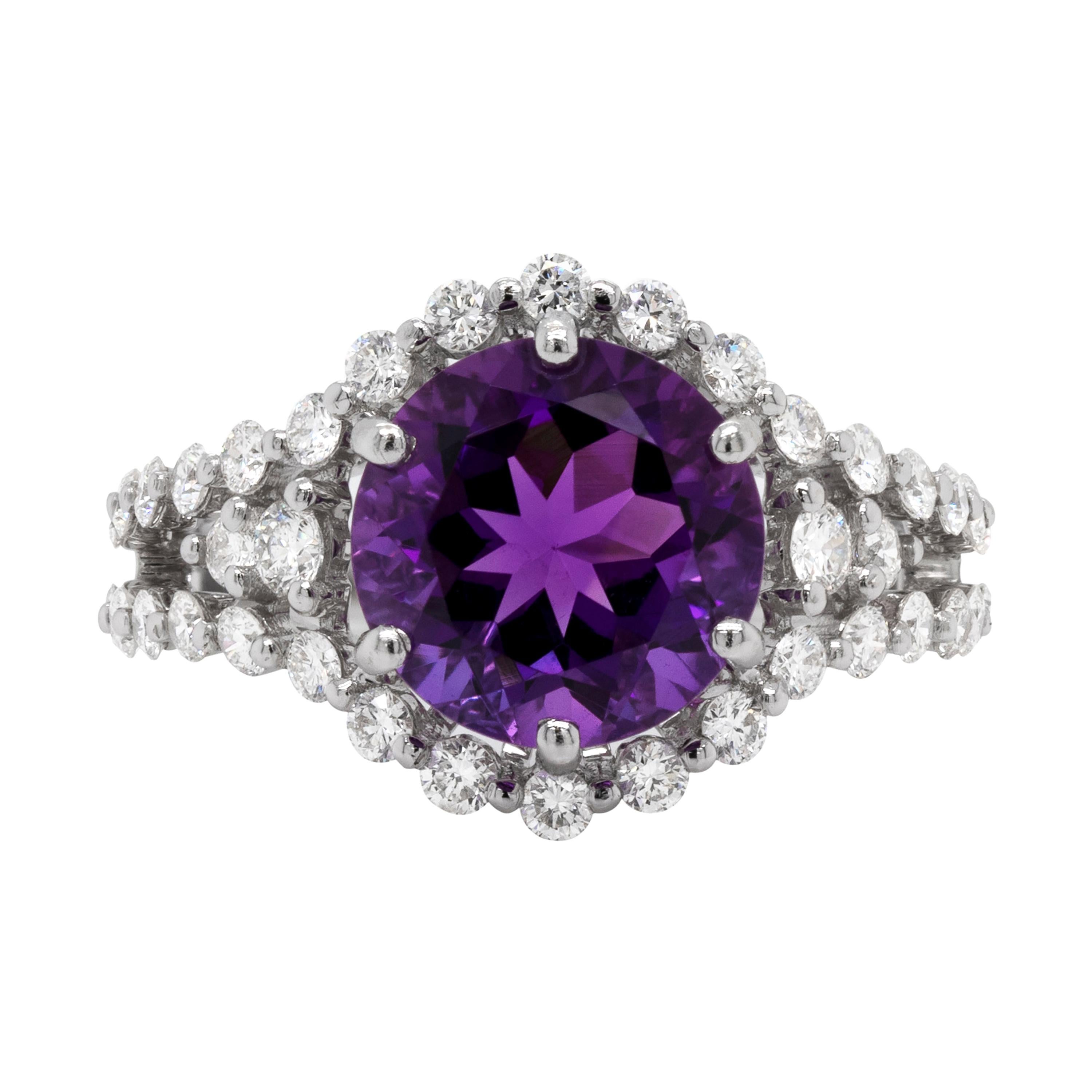Amethyst and Diamond 18 Carat White Gold Cluster Ring For Sale