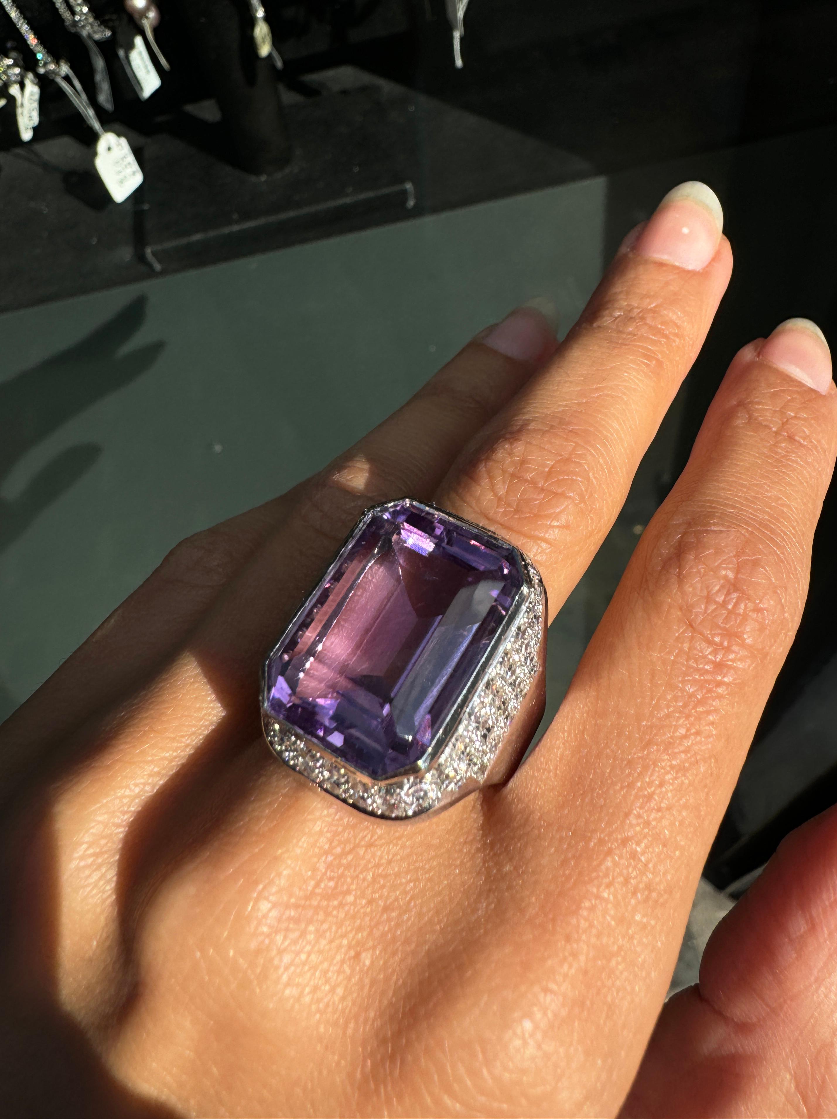 Emerald Cut Amethyst and Diamond 18 Carat White Gold Large Cocktail Ring For Sale