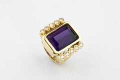 Amethyst and Diamond 18 Karat Yellow Gold Emerald Cut Retro Ring