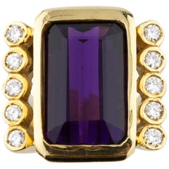 Bague rétro en or jaune 18 carats avec améthyste et diamant taille émeraude