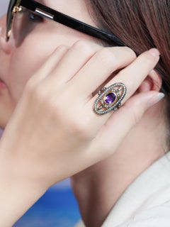 Amethyst and Diamond Antique Style Cocktail Ring in 14K Yellow Gold