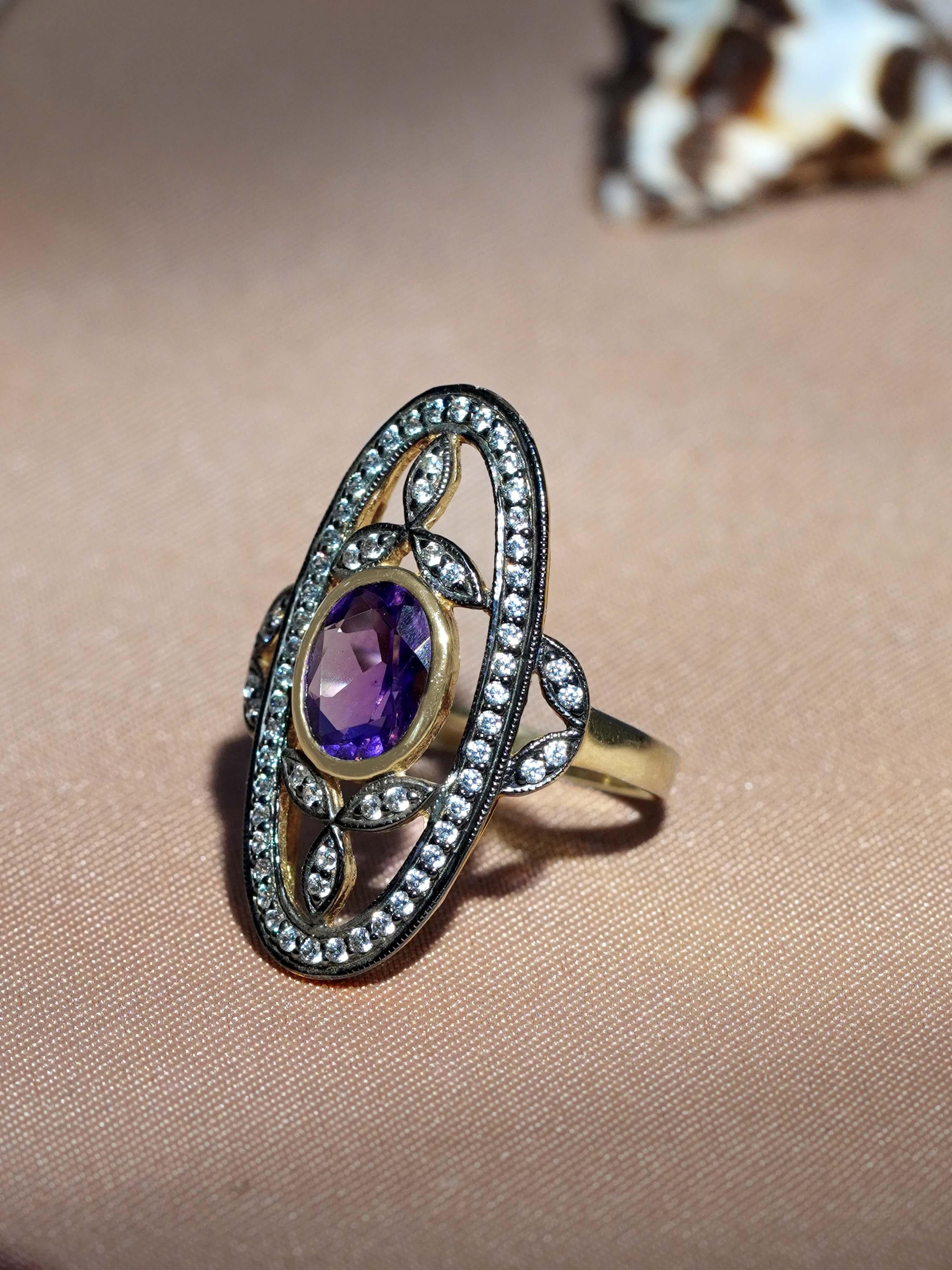 Anillo de cóctel de amatista y diamante estilo antiguo en oro amarillo de 14 quilates Art Decó en venta