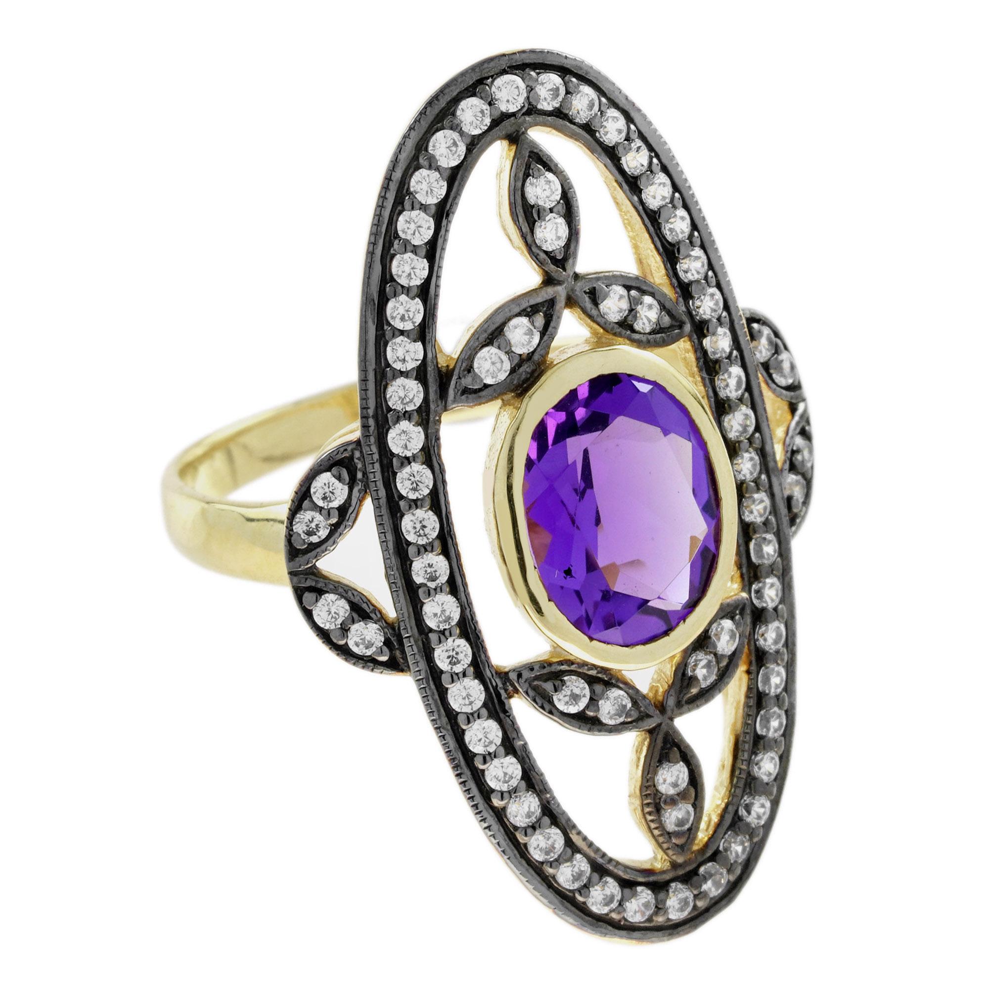 Cocktailring mit Amethyst und Diamant im antiken Stil aus 14K Gelbgold im Zustand „Neu“ im Angebot in Bangkok, TH
