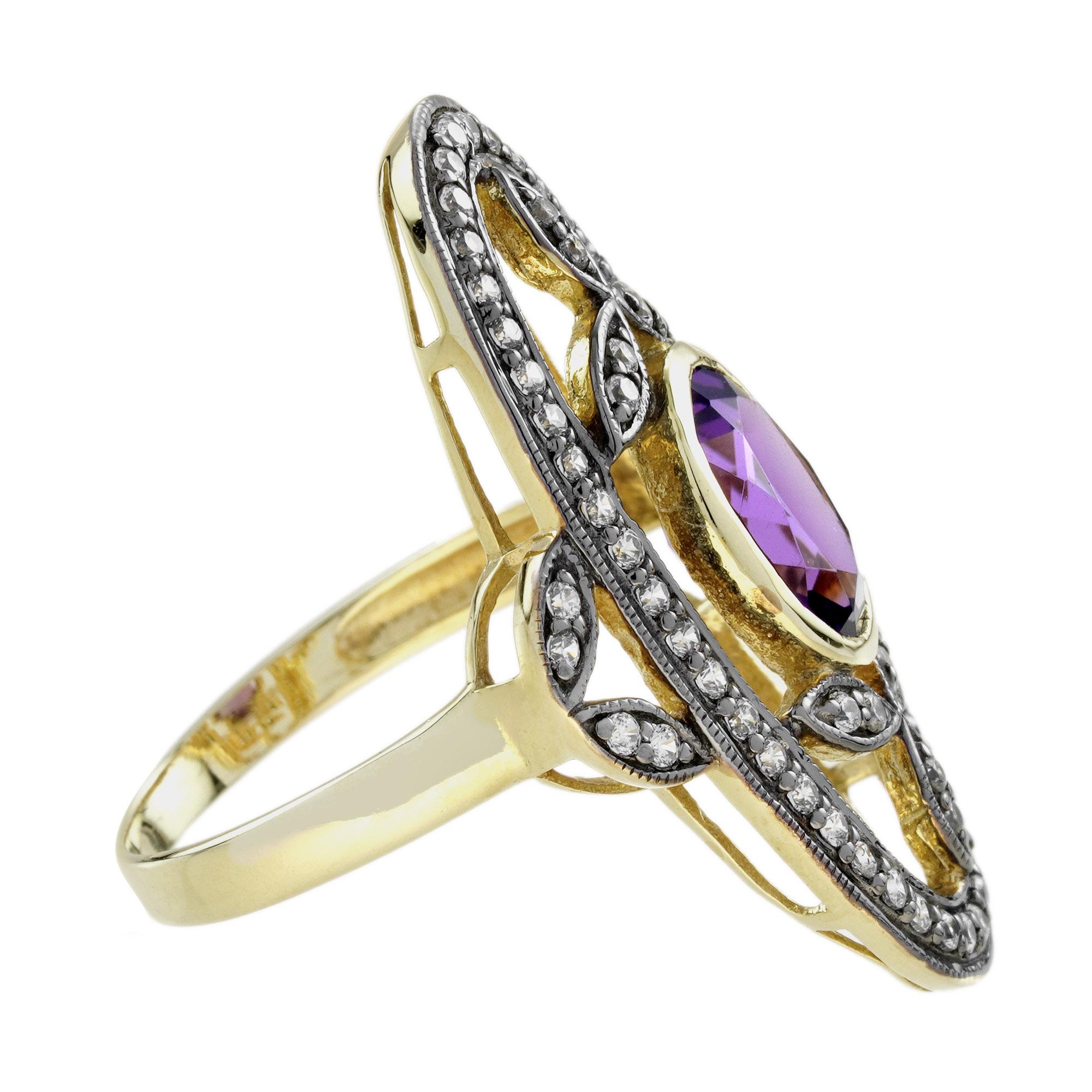 De las mujeres Anillo de cóctel de amatista y diamante estilo antiguo en oro amarillo de 14 quilates en venta