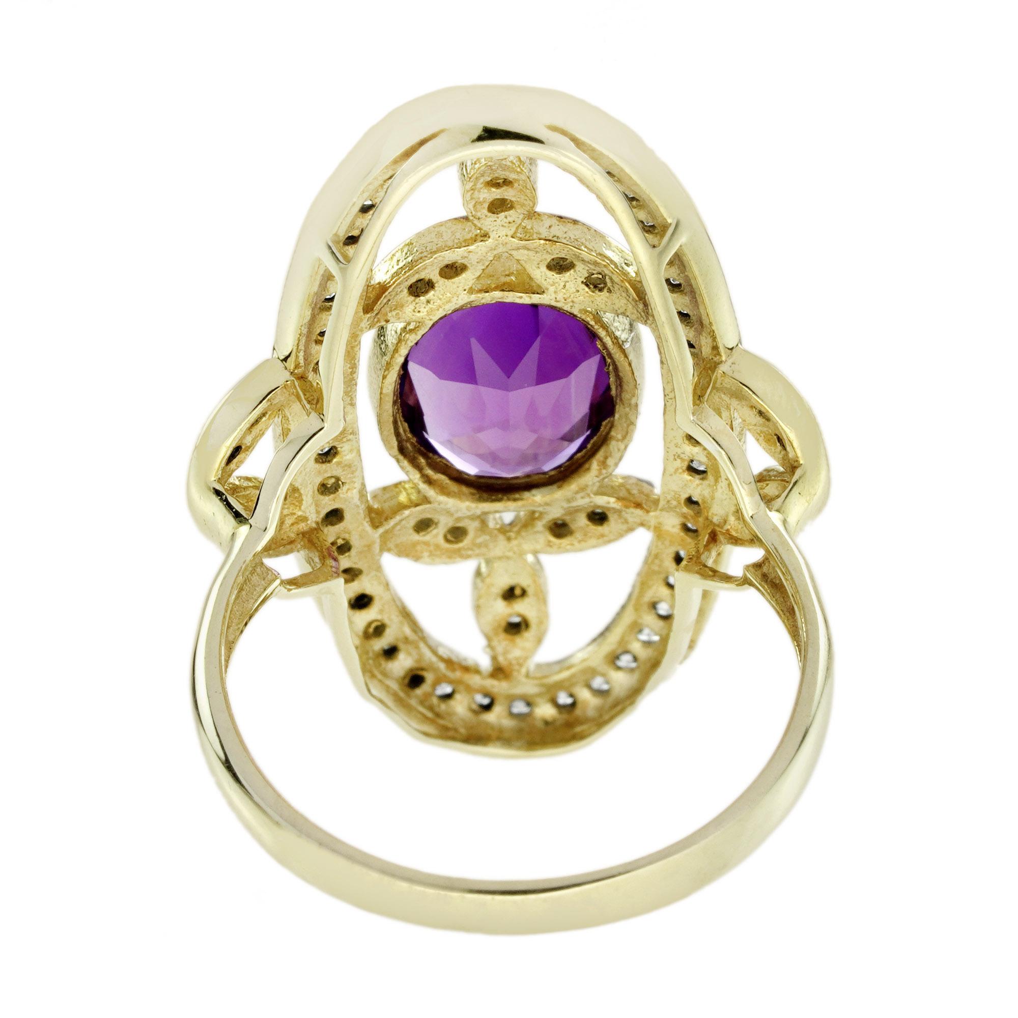 Anillo de cóctel de amatista y diamante estilo antiguo en oro amarillo de 14 quilates en venta 1