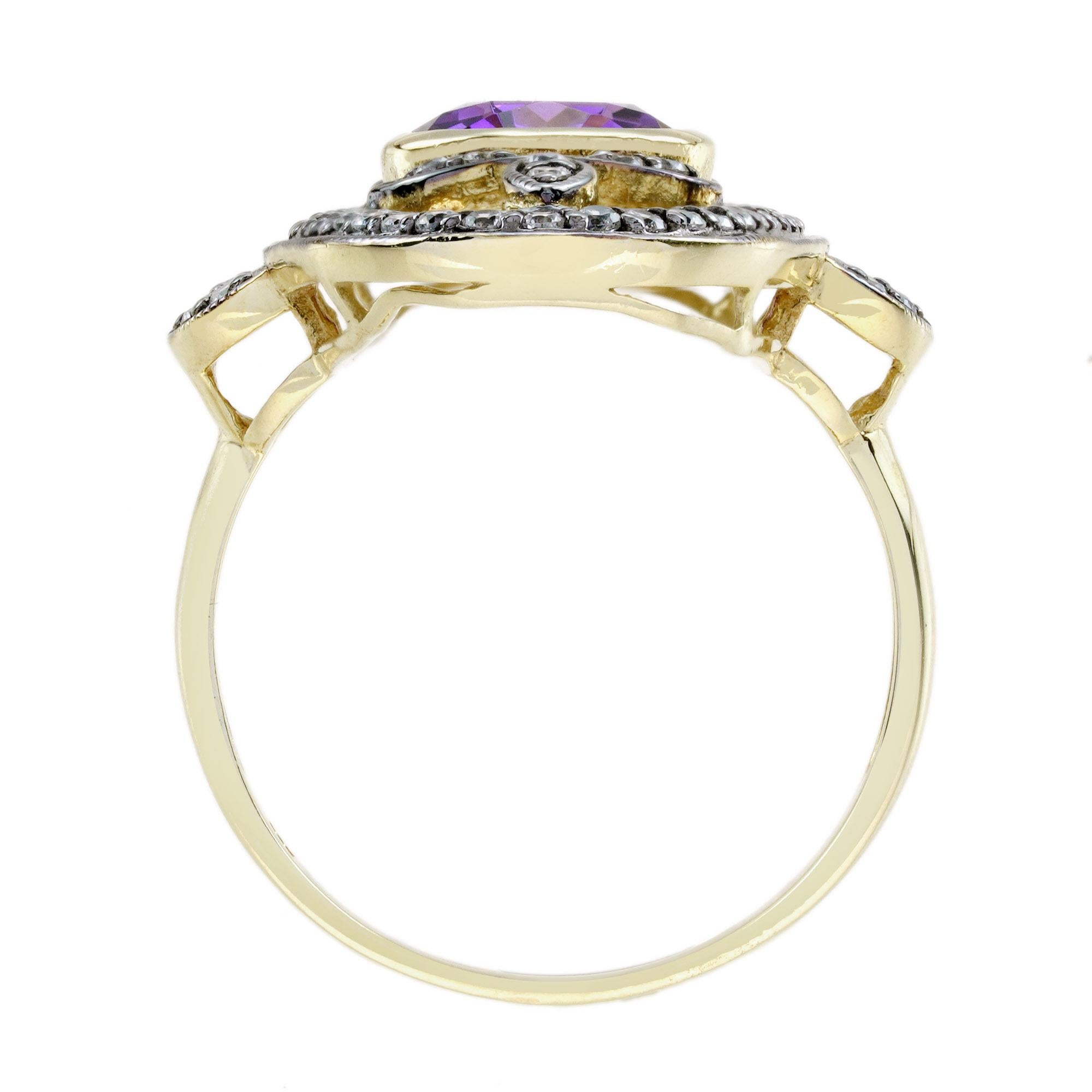 Anillo de cóctel de amatista y diamante estilo antiguo en oro amarillo de 14 quilates en venta 2
