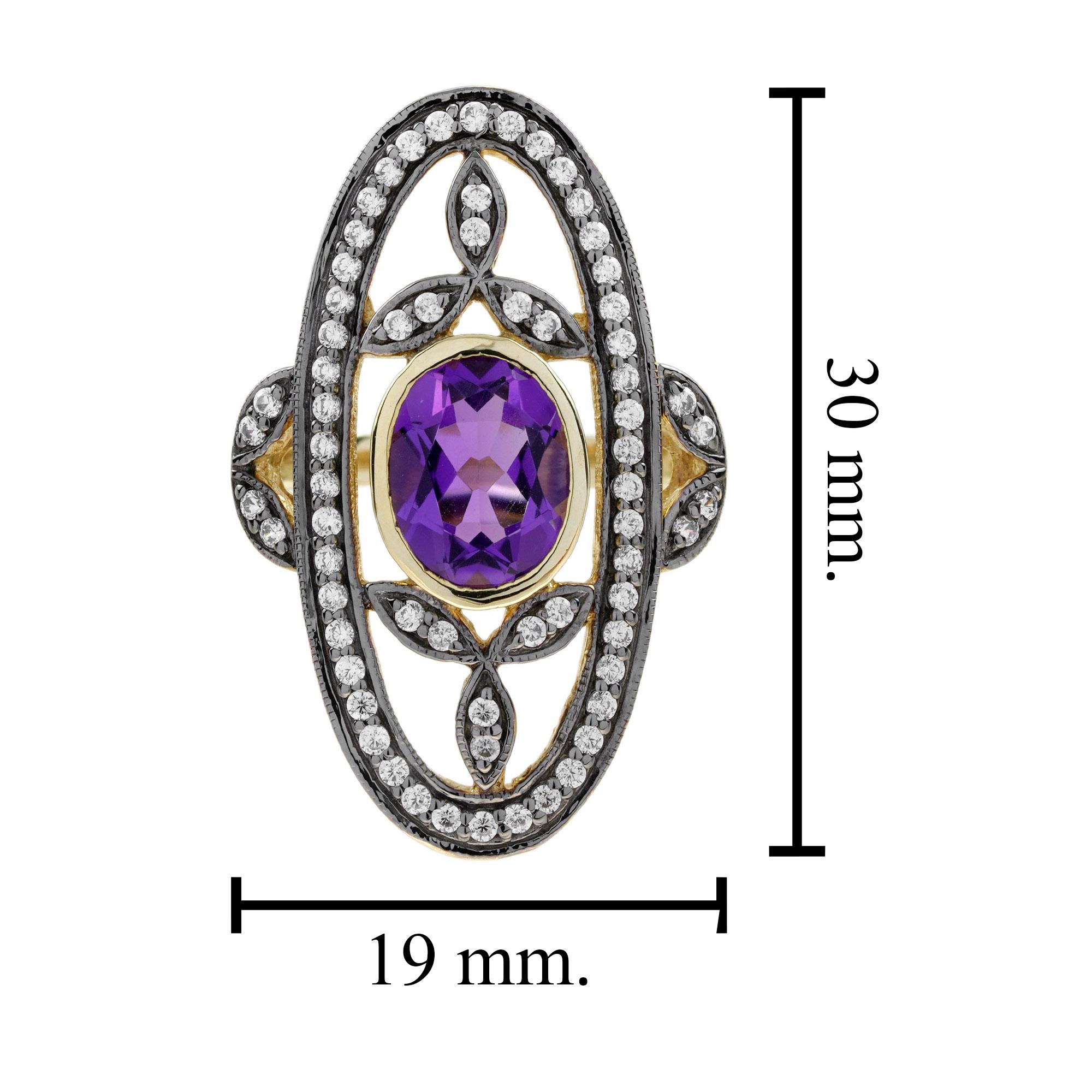 Anillo de cóctel de amatista y diamante estilo antiguo en oro amarillo de 14 quilates en venta 3