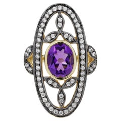 Bague cocktail en or jaune 14K avec améthyste et diamant de style antique