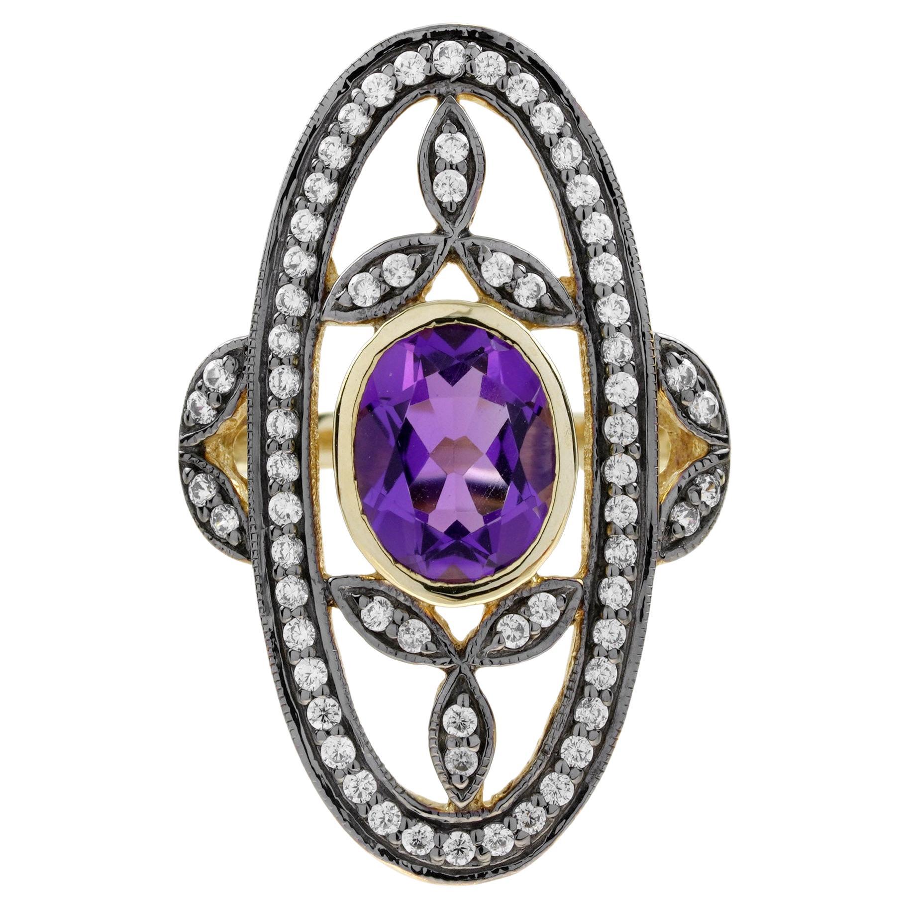Amethyst and Diamond Antique Style Cocktail Ring in 14K Yellow Gold For Sale