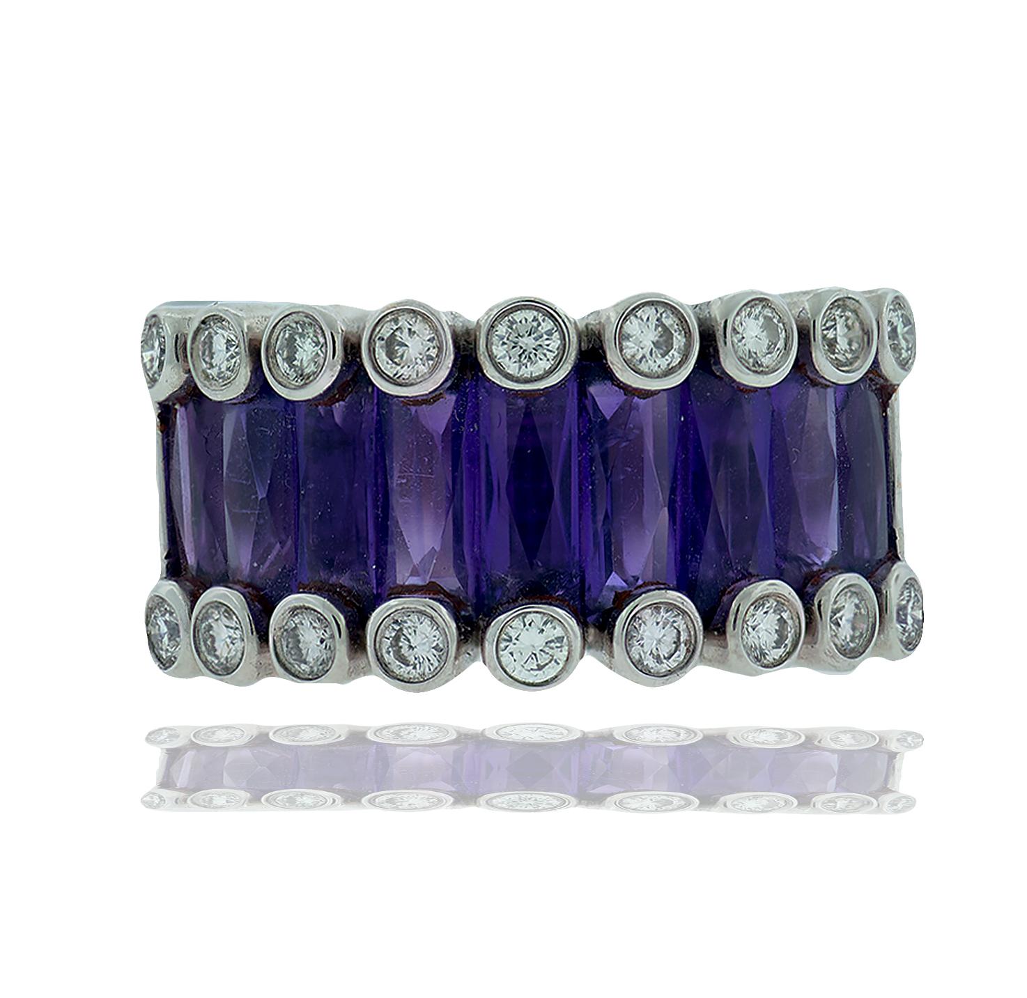 Round Cut Amethyst and Diamond Band, French Cut Purple Grape Colored. For Sale