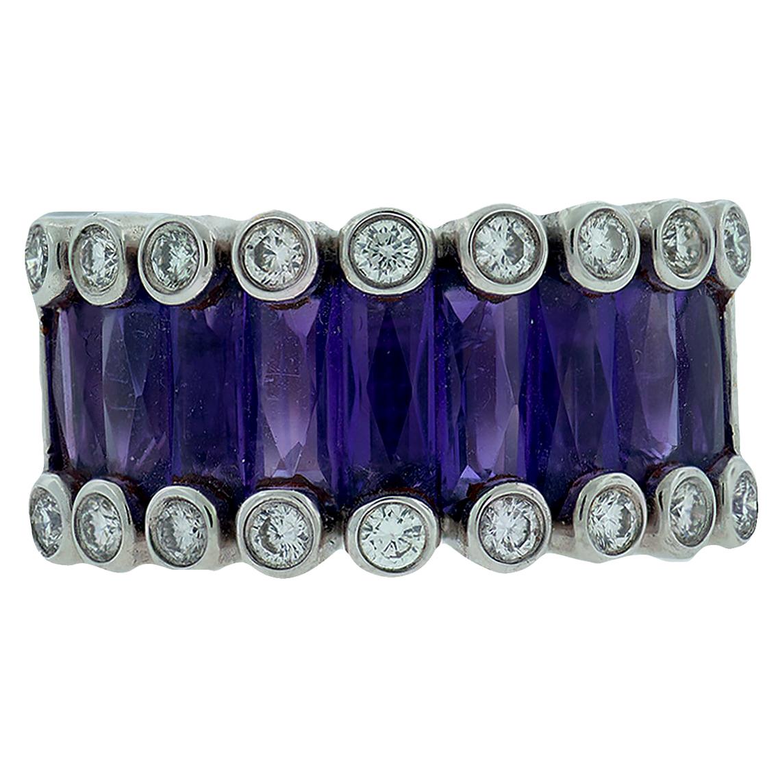 Amethyst and Diamond Band, French Cut Purple Grape Colored. For Sale